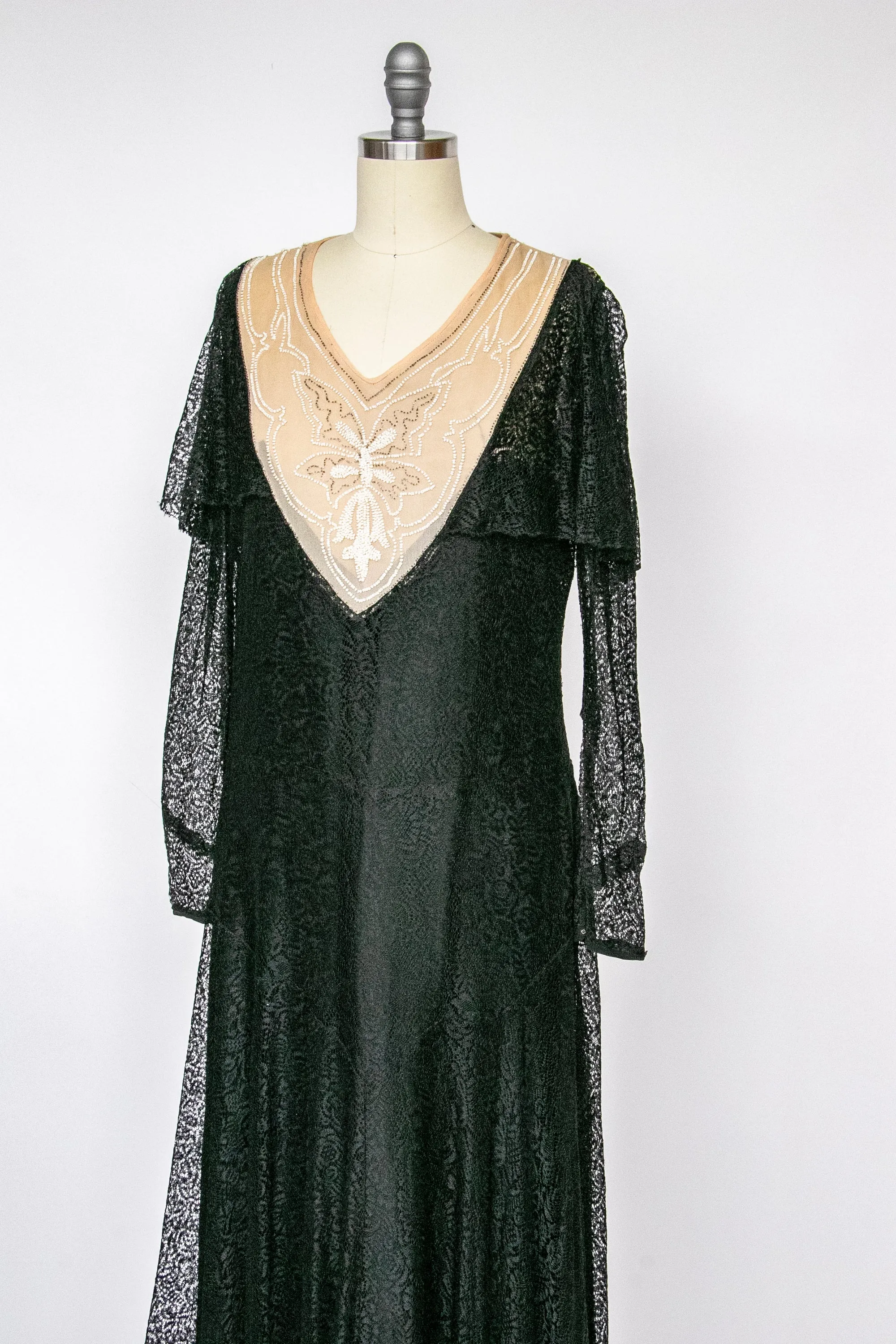 1920s Dress Black Lace Beaded Illusion Deco S