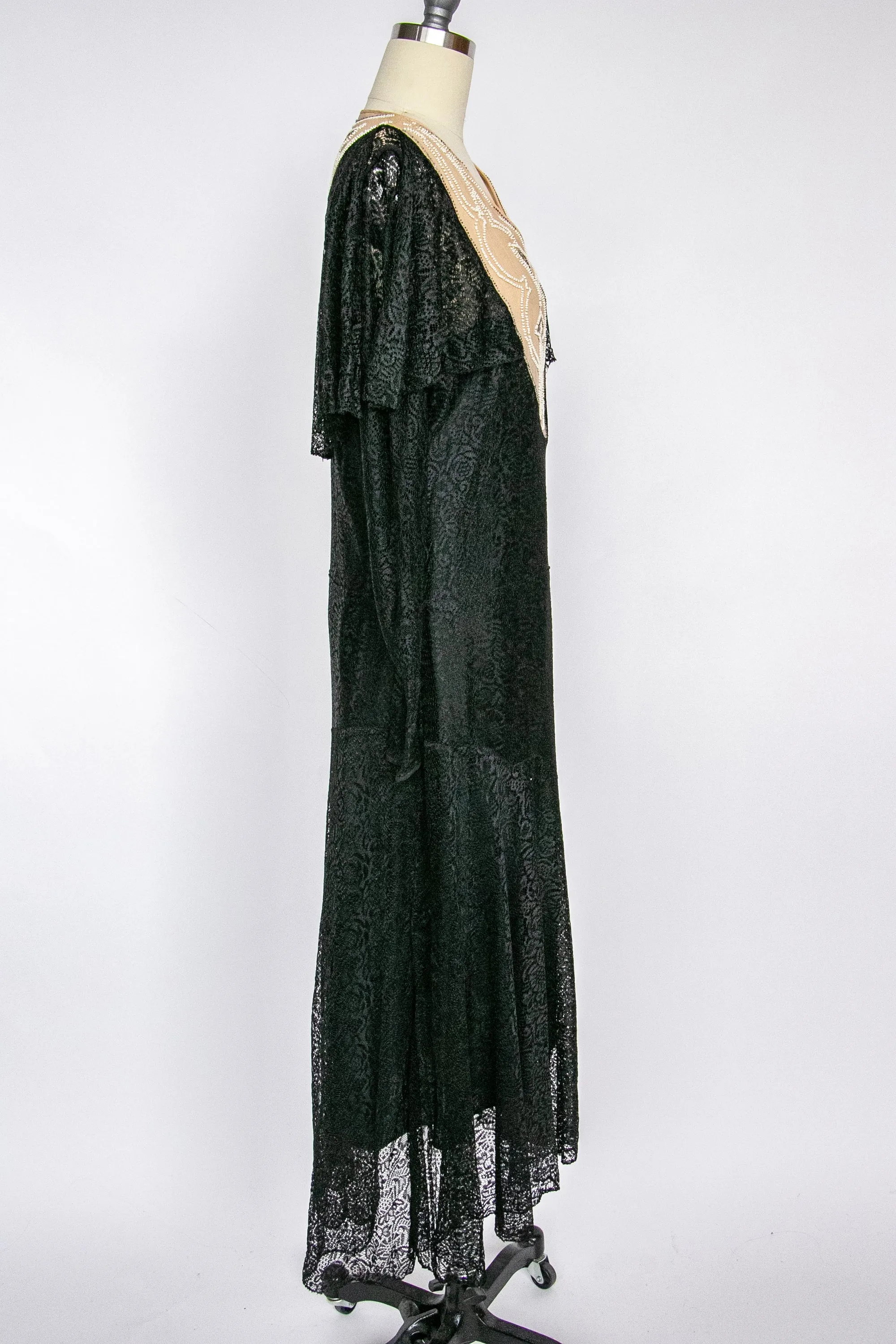 1920s Dress Black Lace Beaded Illusion Deco S