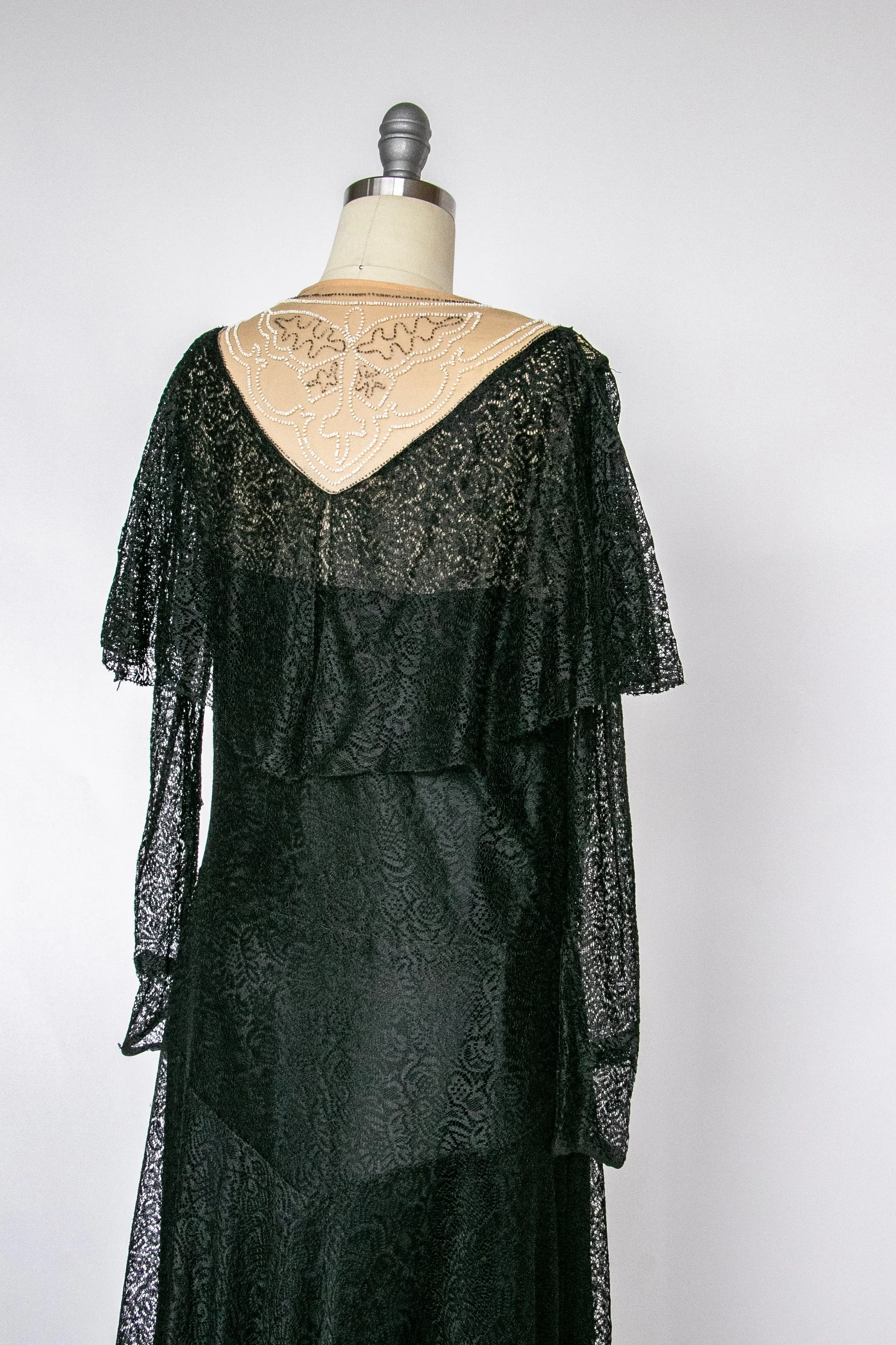 1920s Dress Black Lace Beaded Illusion Deco S