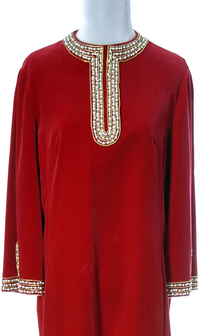 1960s Red Silk Velvet Beaded Rhinestones Dress