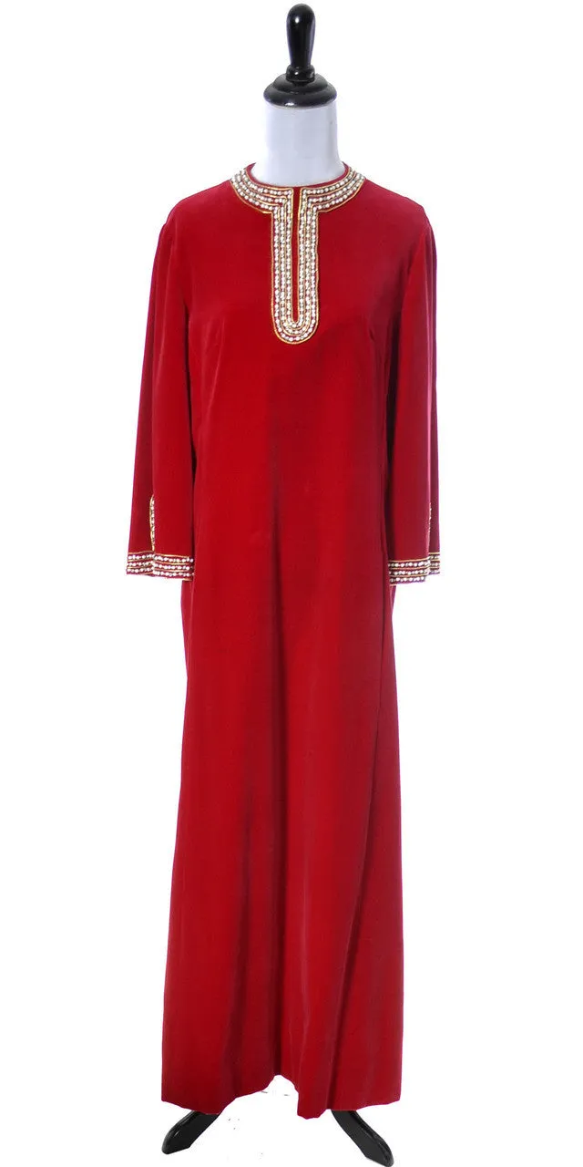 1960s Red Silk Velvet Beaded Rhinestones Dress