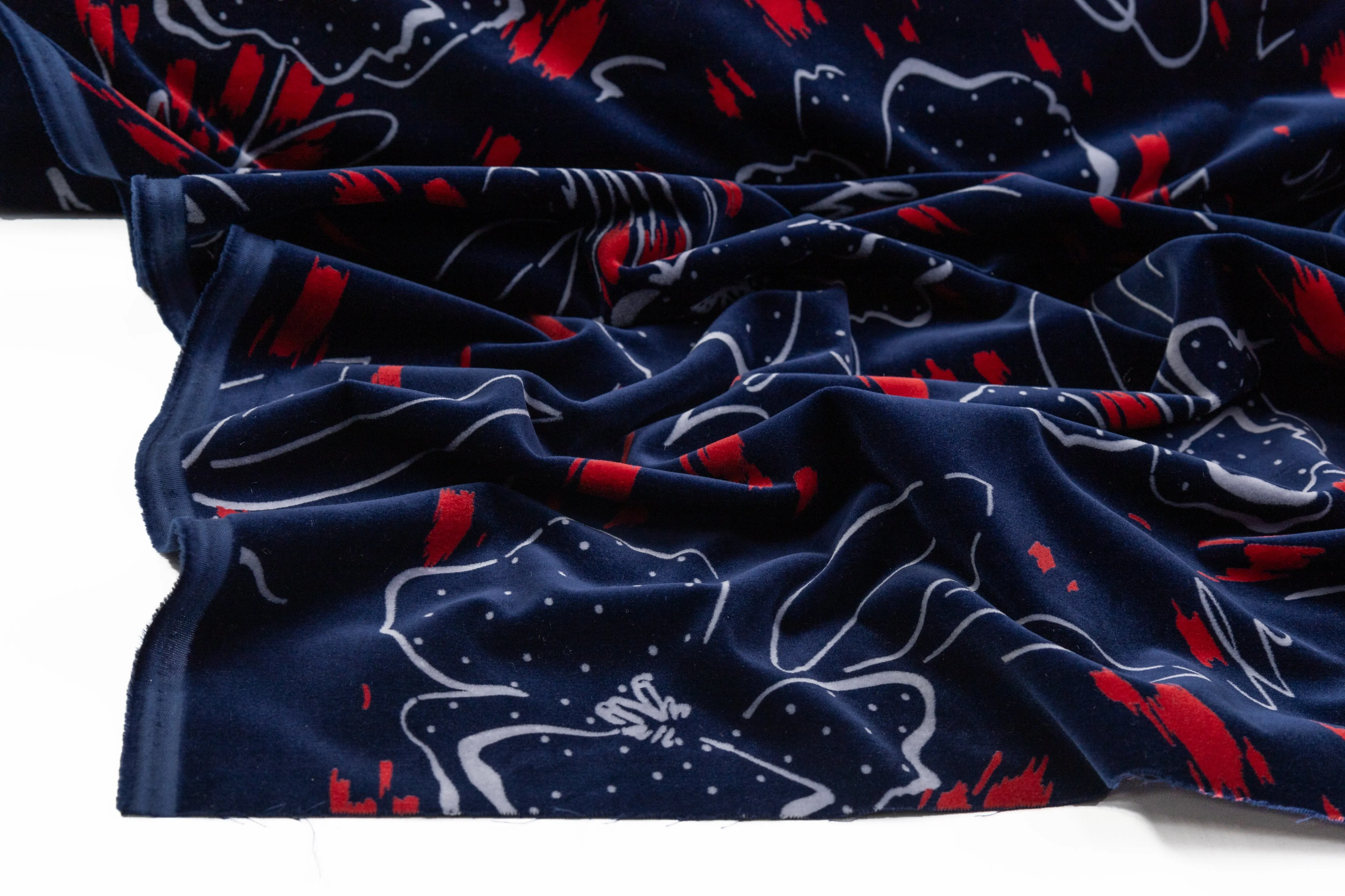 Abstract Italian Cotton Velvet - Navy / Red