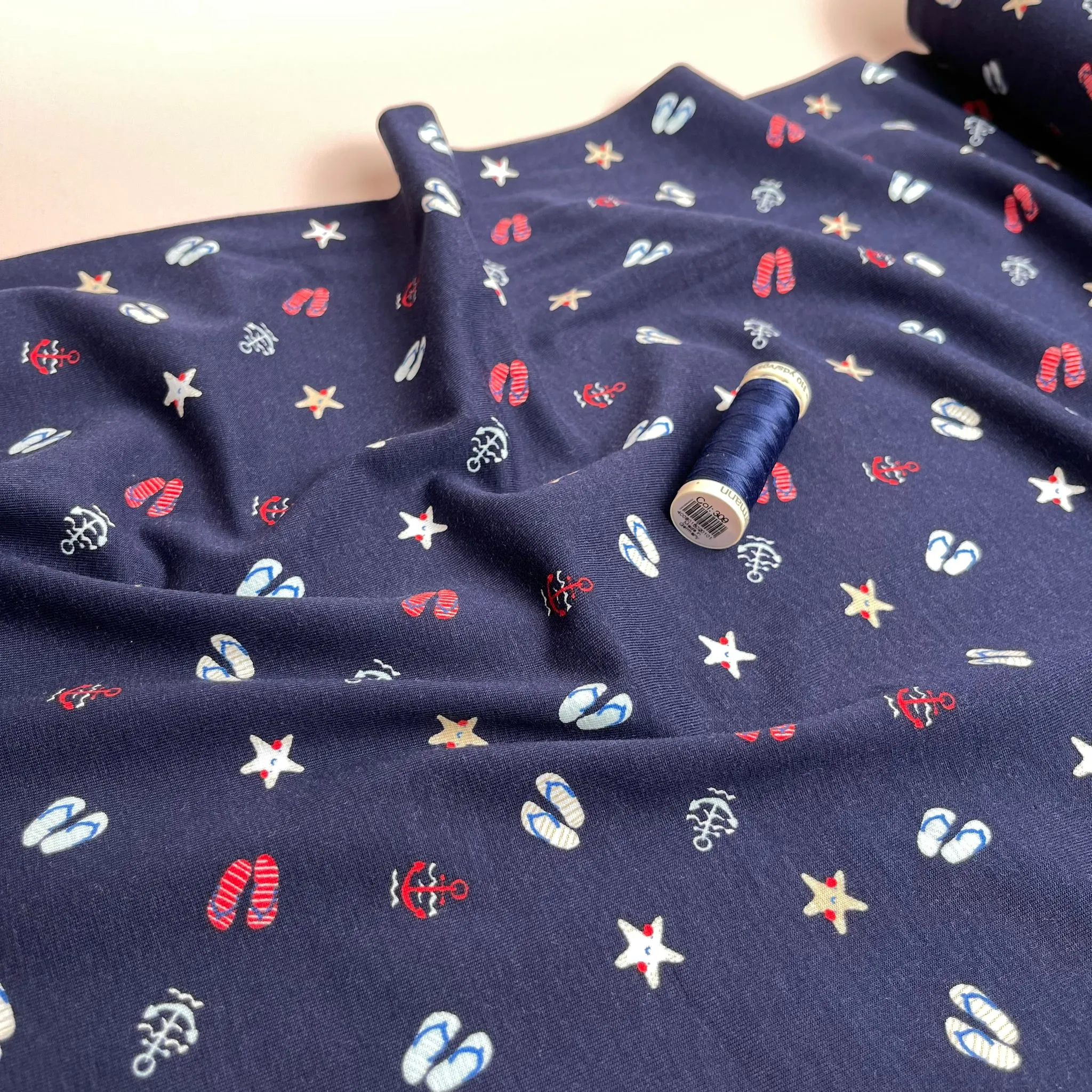 At The Beach Navy Cotton Jersey Fabric