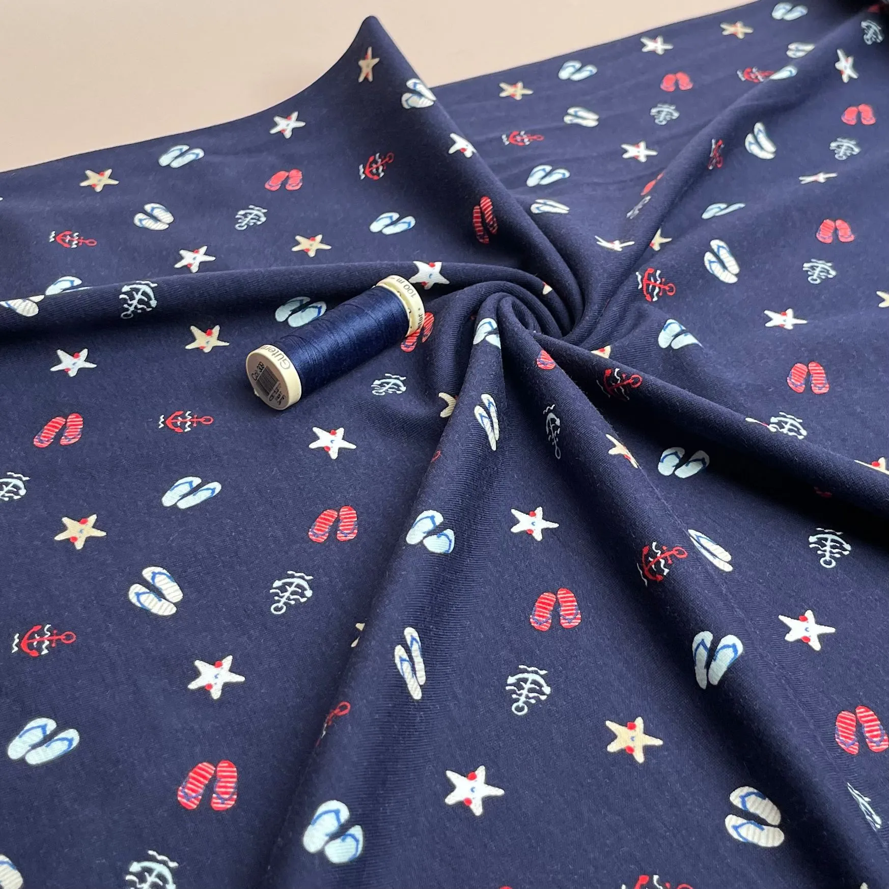 At The Beach Navy Cotton Jersey Fabric