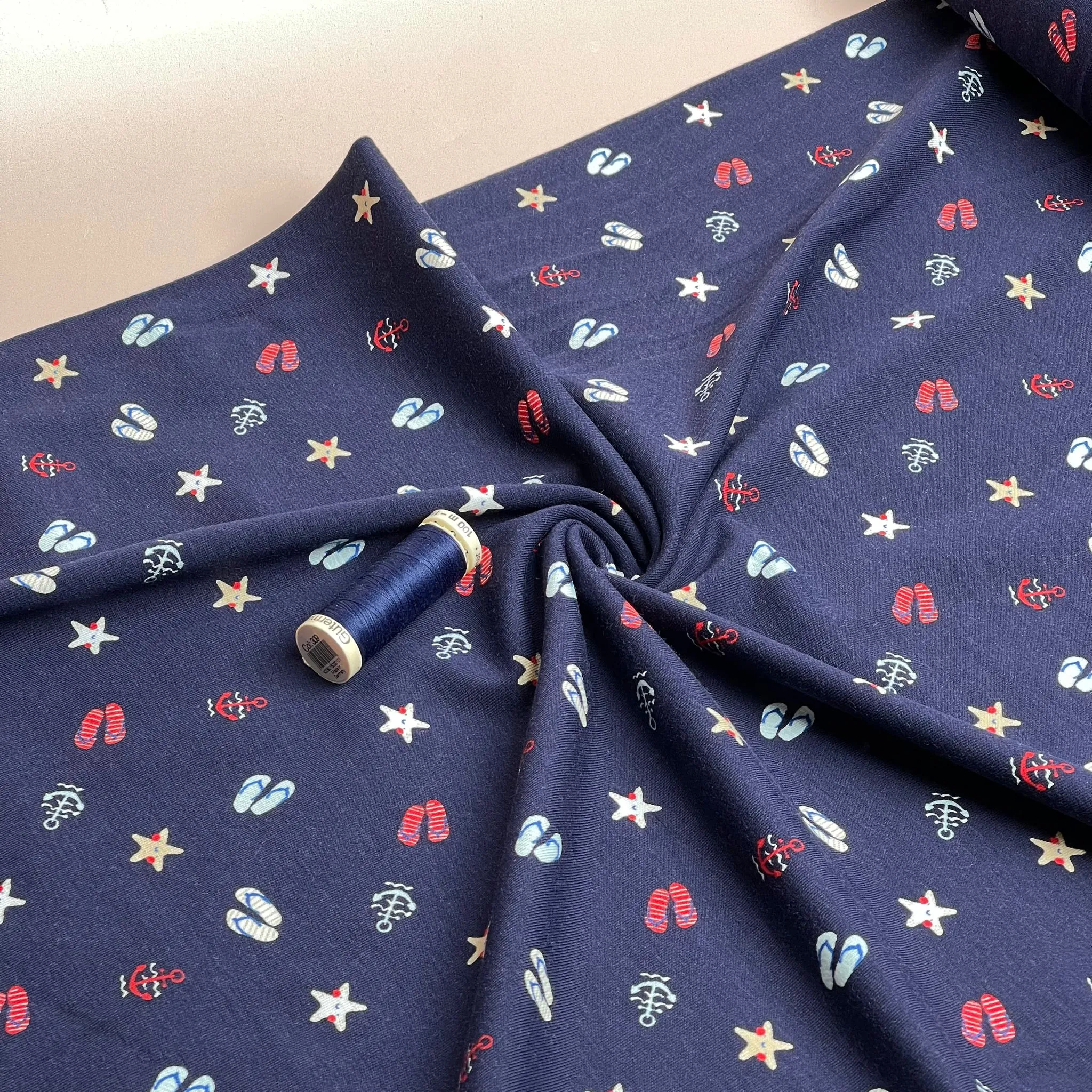 At The Beach Navy Cotton Jersey Fabric