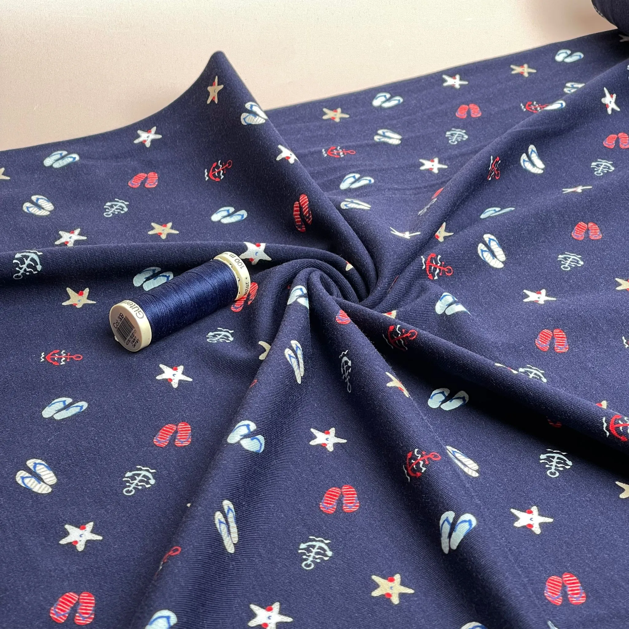 At The Beach Navy Cotton Jersey Fabric