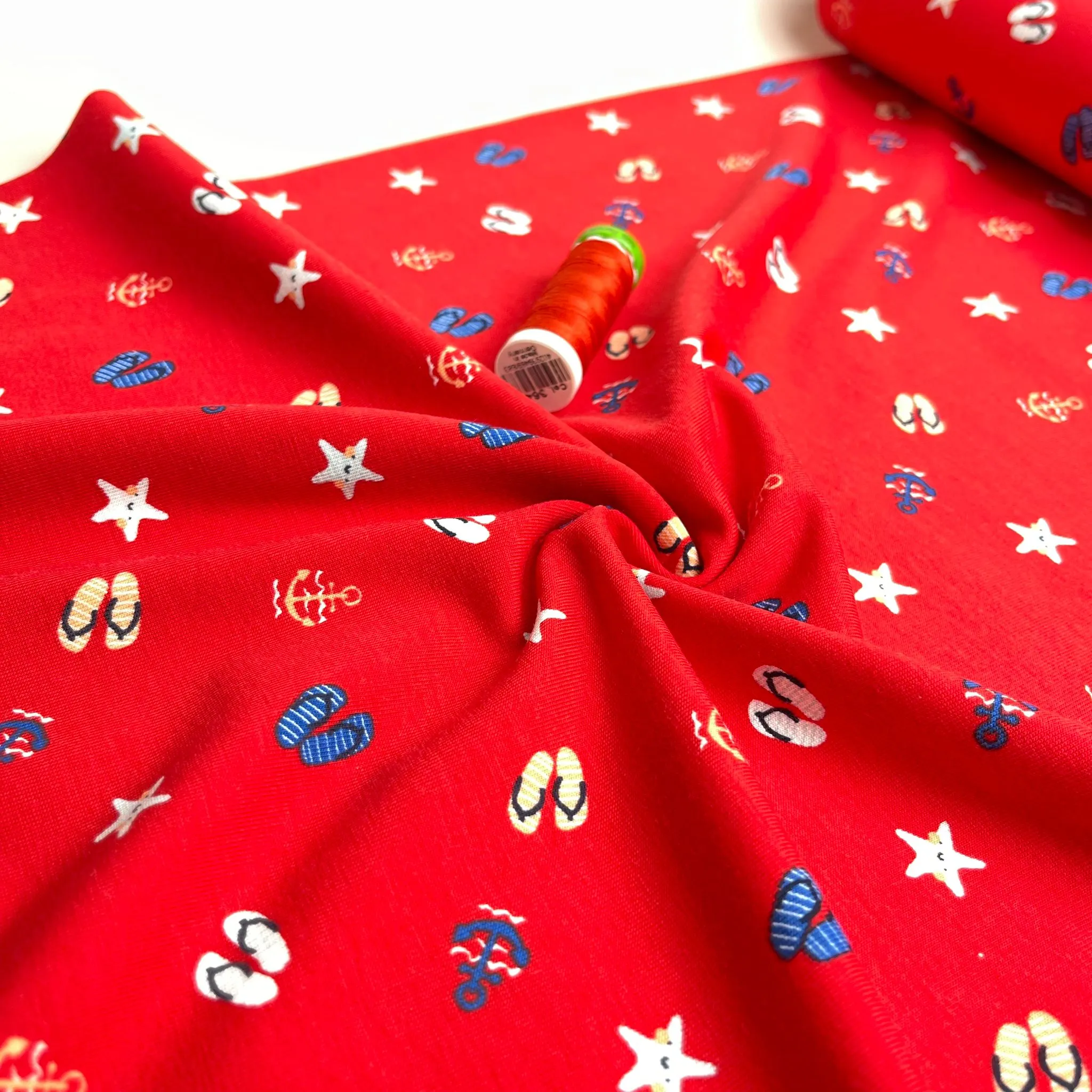 At The Beach Red Cotton Jersey Fabric