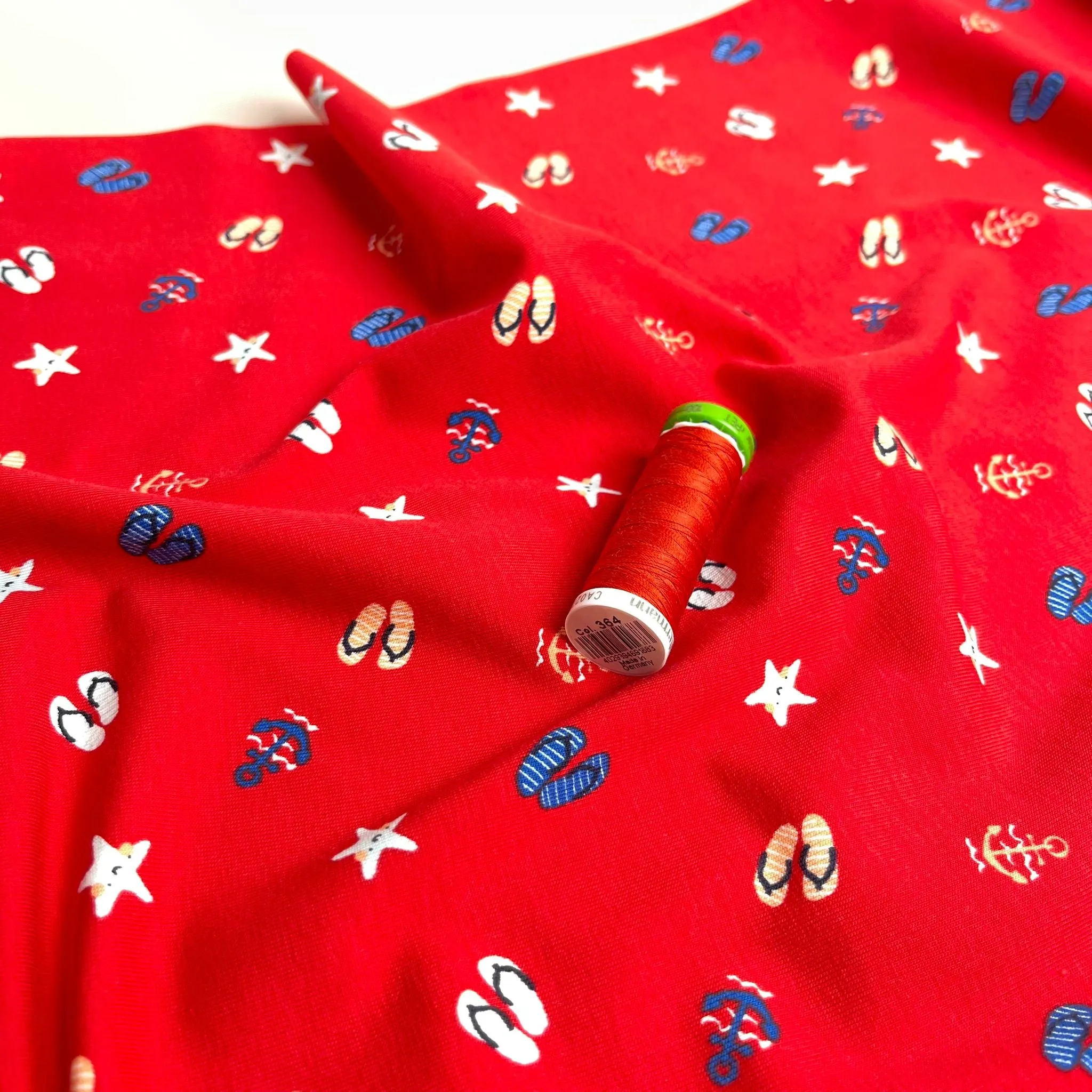 At The Beach Red Cotton Jersey Fabric