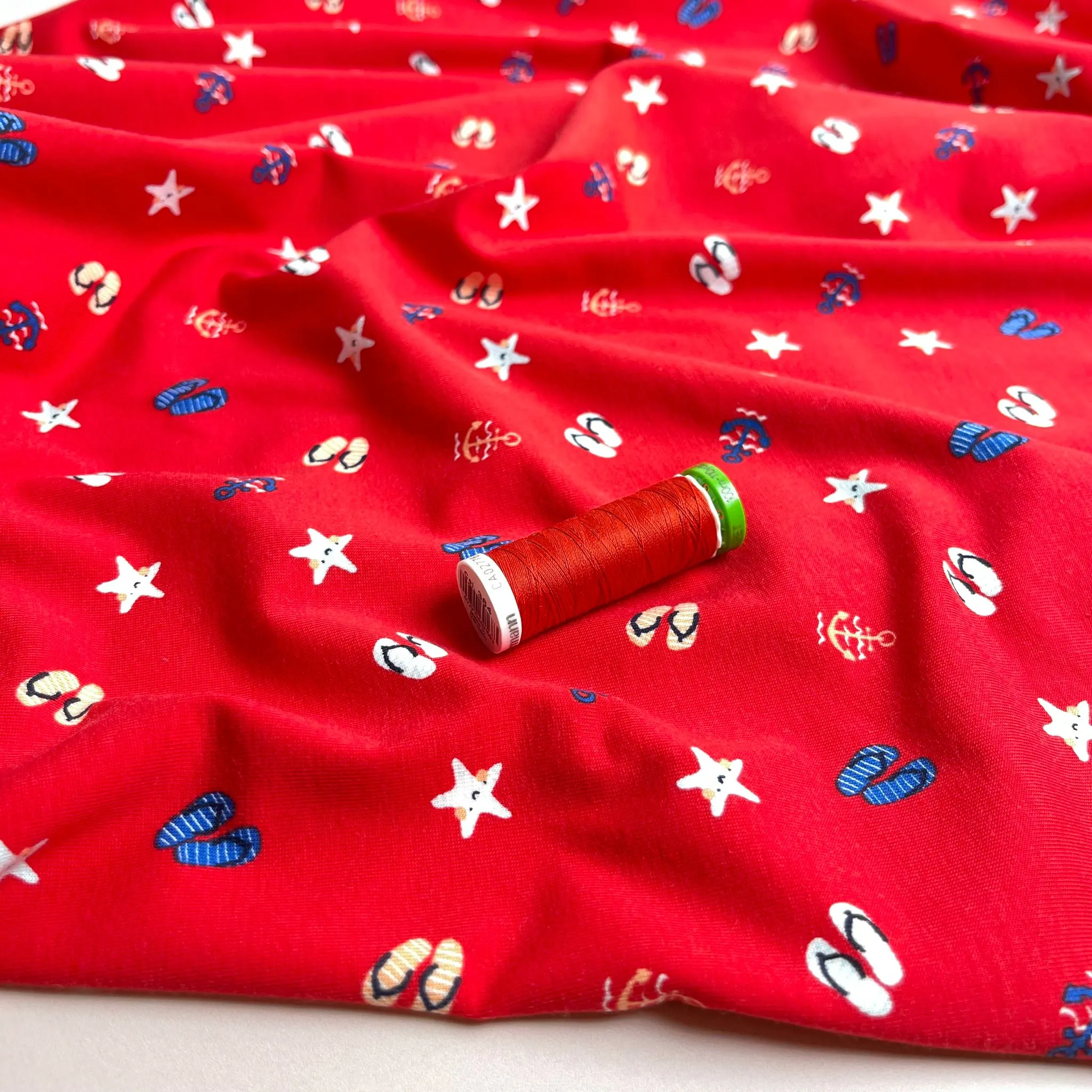 At The Beach Red Cotton Jersey Fabric