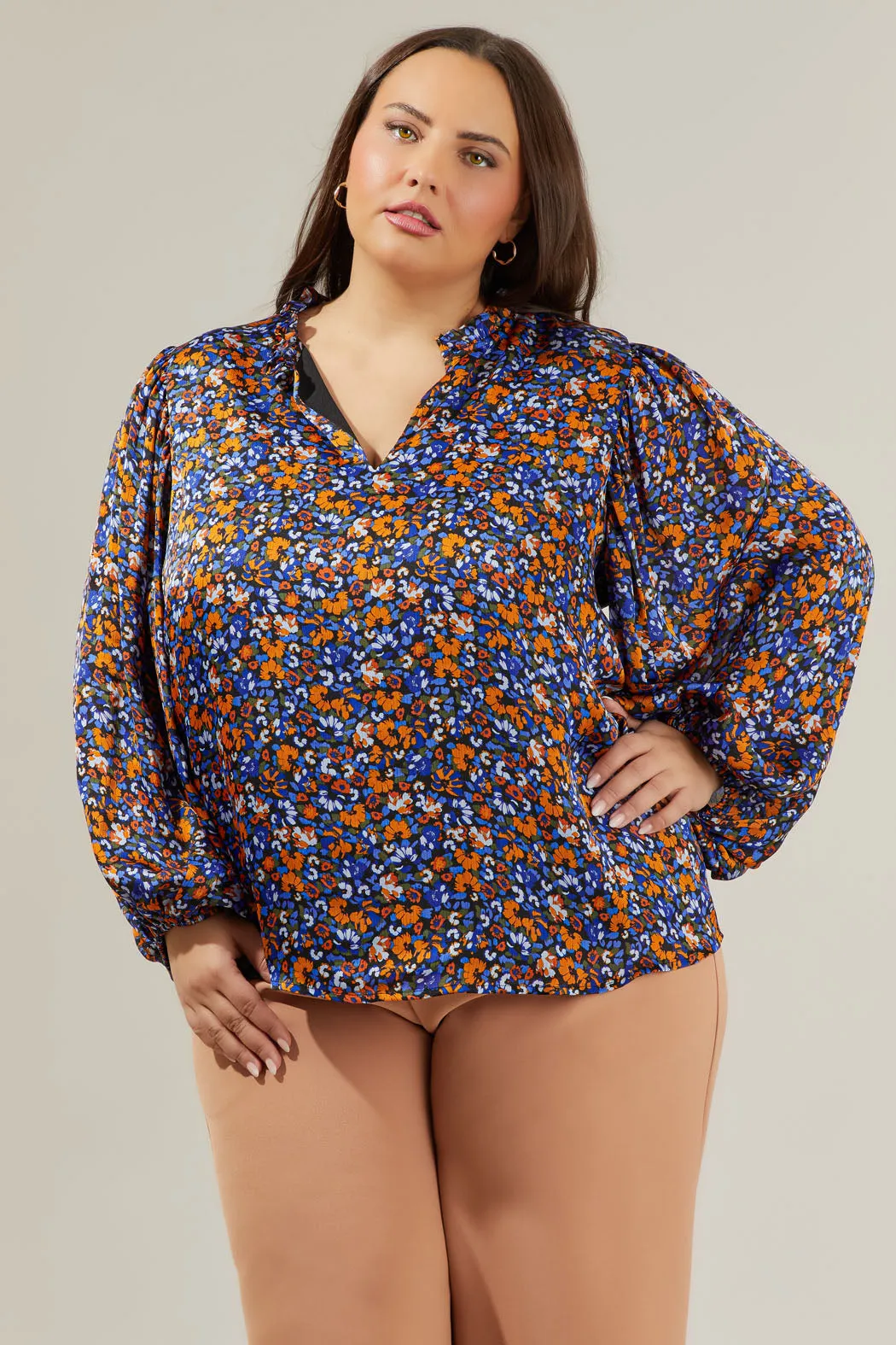 Begonia Floral Shimmy Balloon Sleeve Top Curve