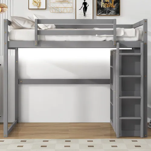 Bellemave® Full Size Loft Bed with Built-in Wardrobe and Storage Shelves, LED Light