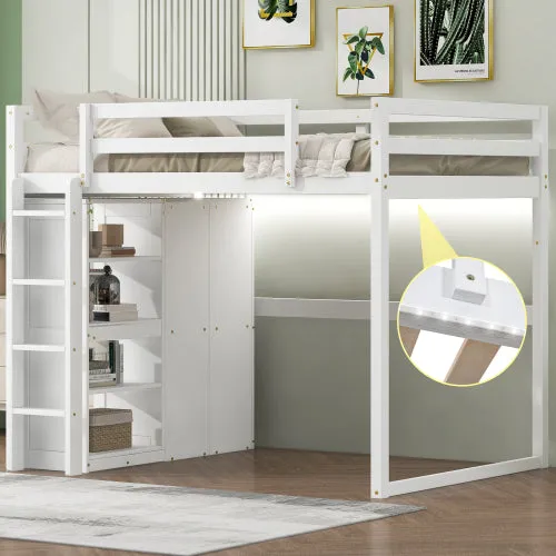 Bellemave® Full Size Loft Bed with Built-in Wardrobe and Storage Shelves, LED Light