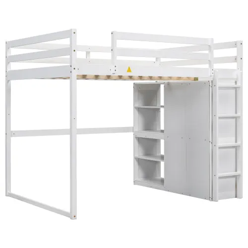 Bellemave® Full Size Loft Bed with Built-in Wardrobe and Storage Shelves, LED Light