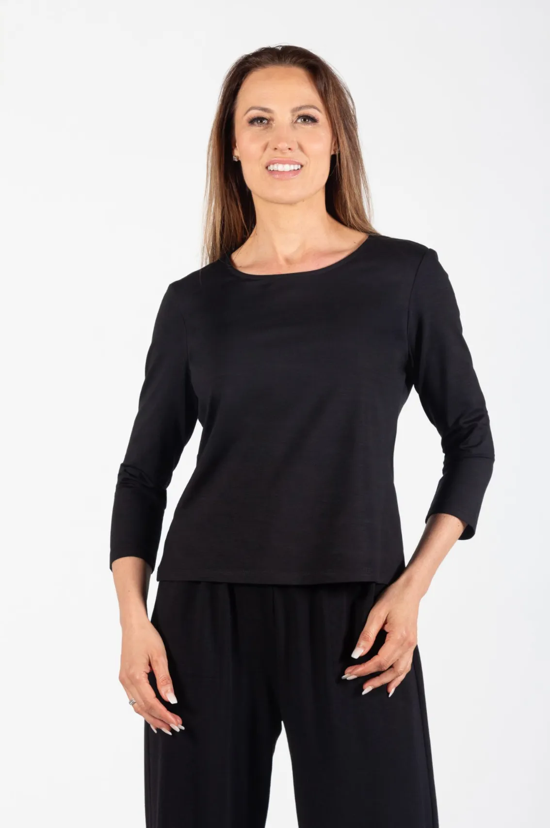 Black 3/4 Sleeve Straight Bamboo Tunic