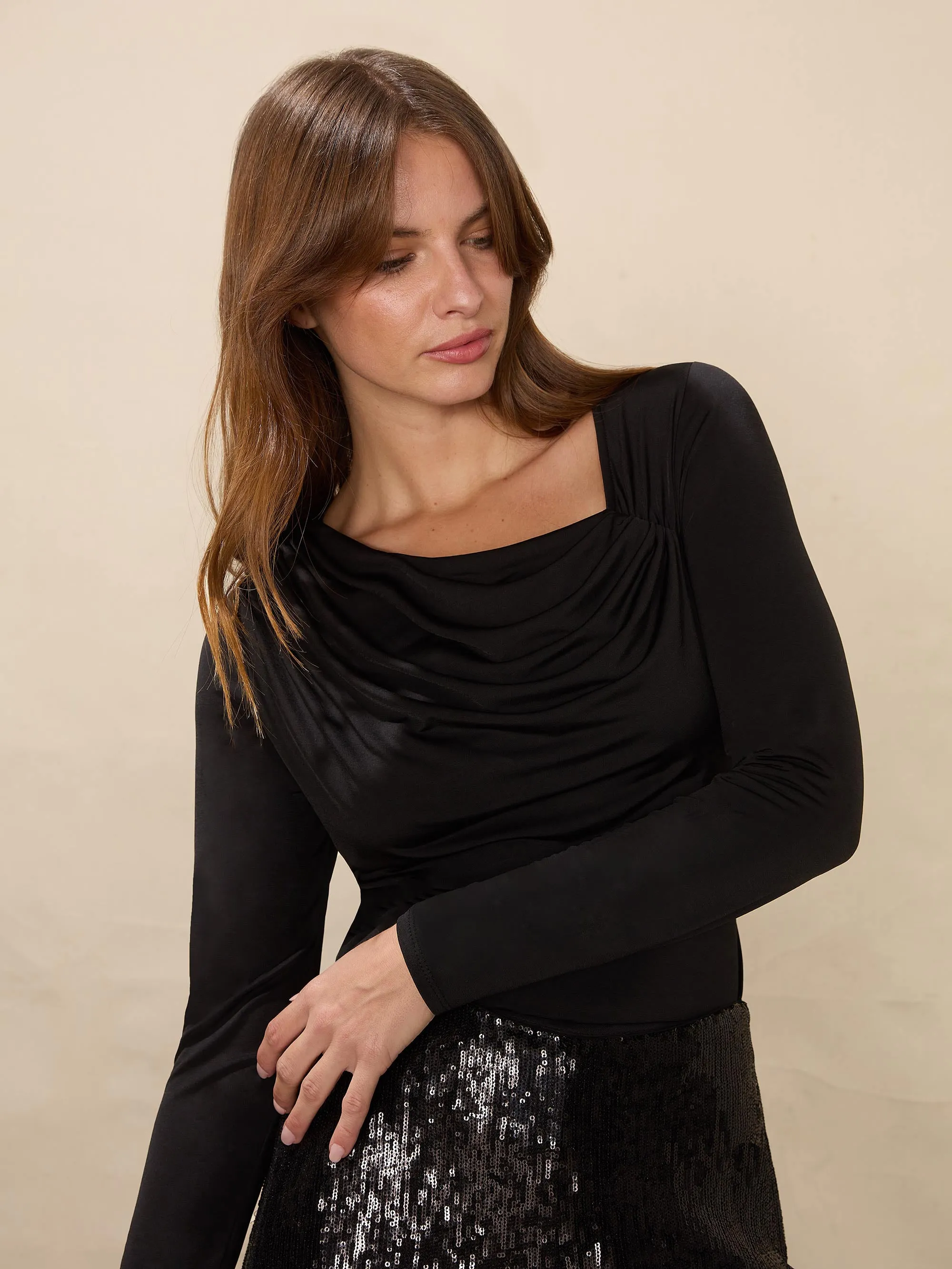 Black Asymmetric Neckline Jersey Top