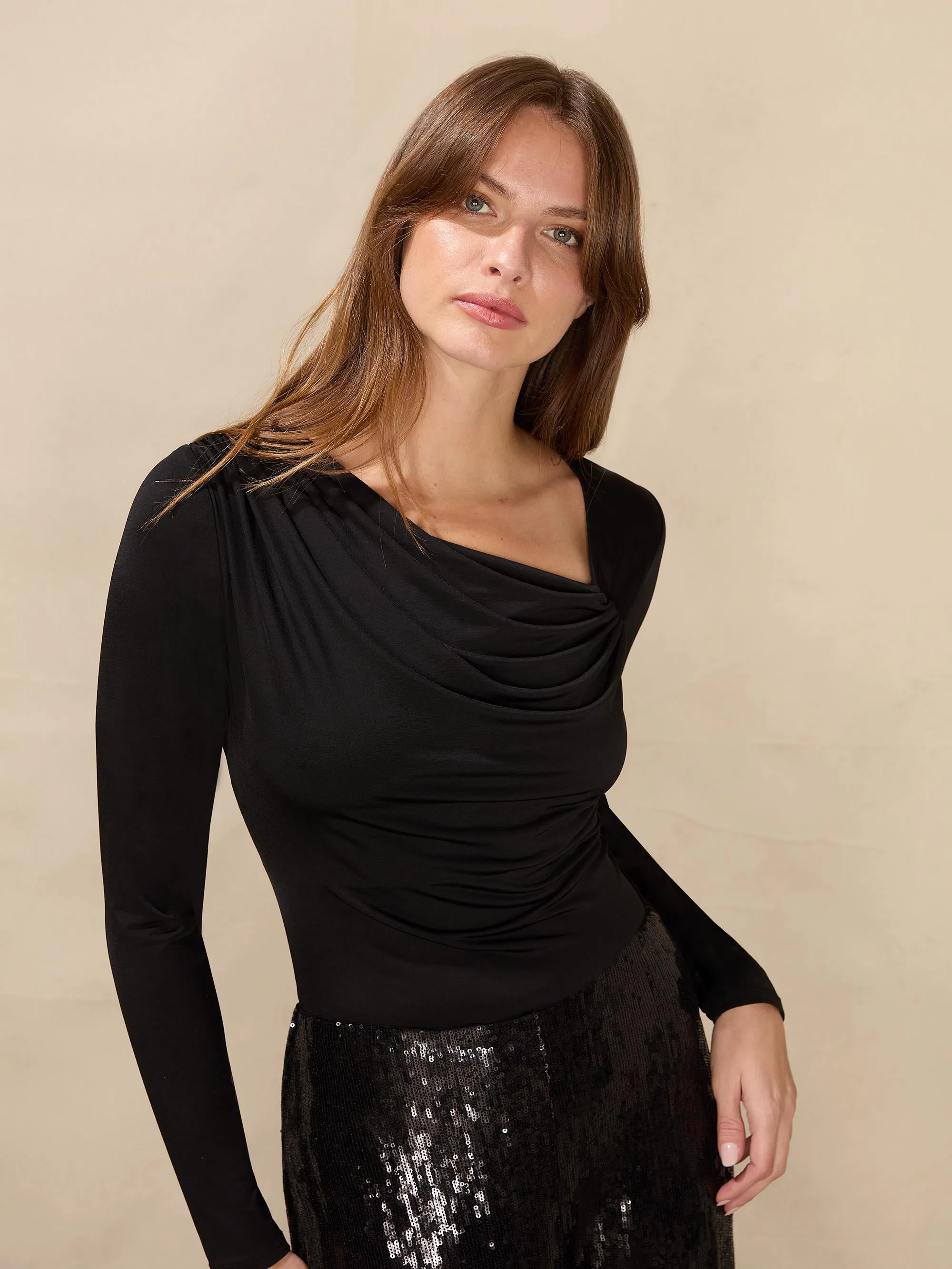 Black Asymmetric Neckline Jersey Top