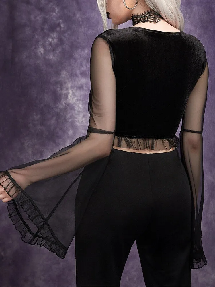 'Crashed' Black Goth Mesh Crop Top with Sleeves