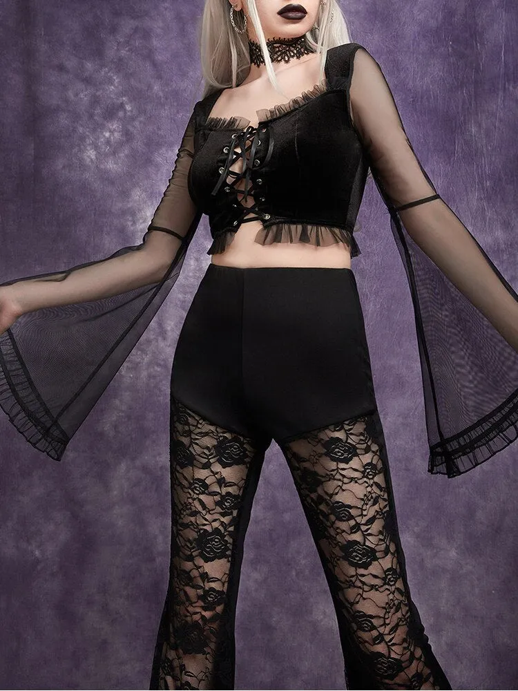 'Crashed' Black Goth Mesh Crop Top with Sleeves