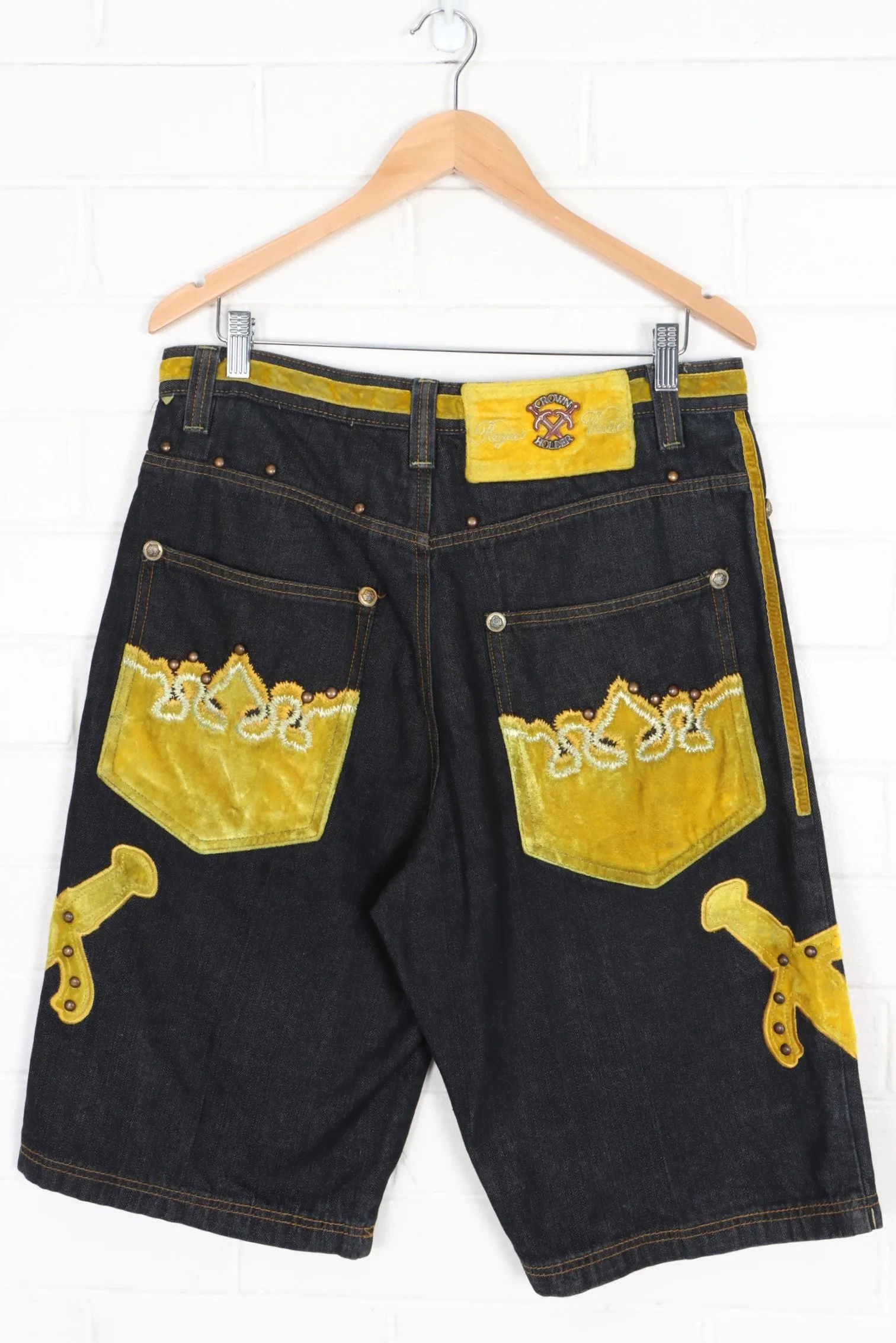 CROWN HOLDER Gold Velvet Daggers Y2K Denim Jorts Shorts (34)