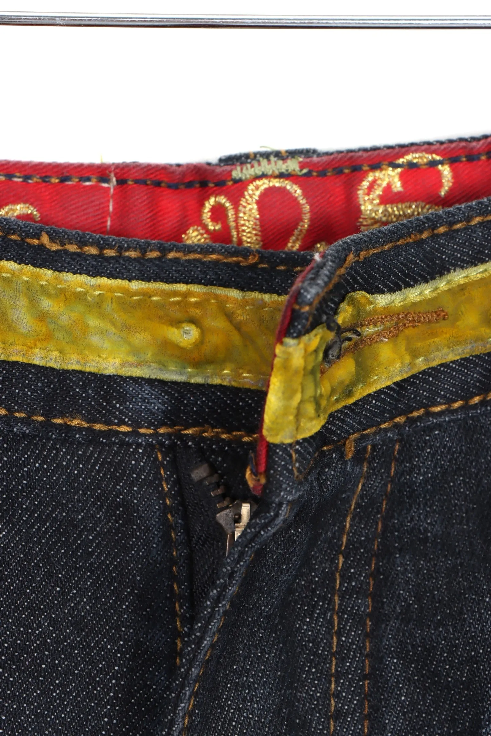 CROWN HOLDER Gold Velvet Daggers Y2K Denim Jorts Shorts (34)