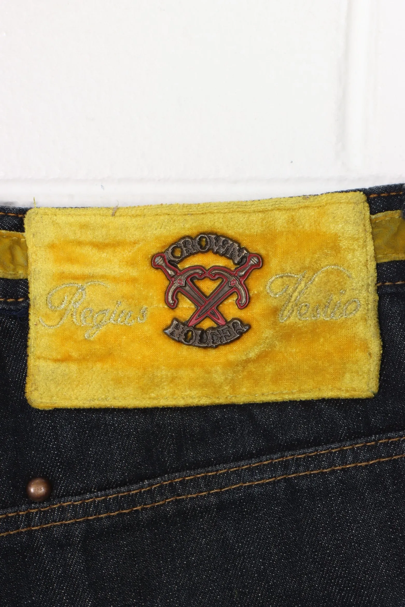 CROWN HOLDER Gold Velvet Daggers Y2K Denim Jorts Shorts (34)