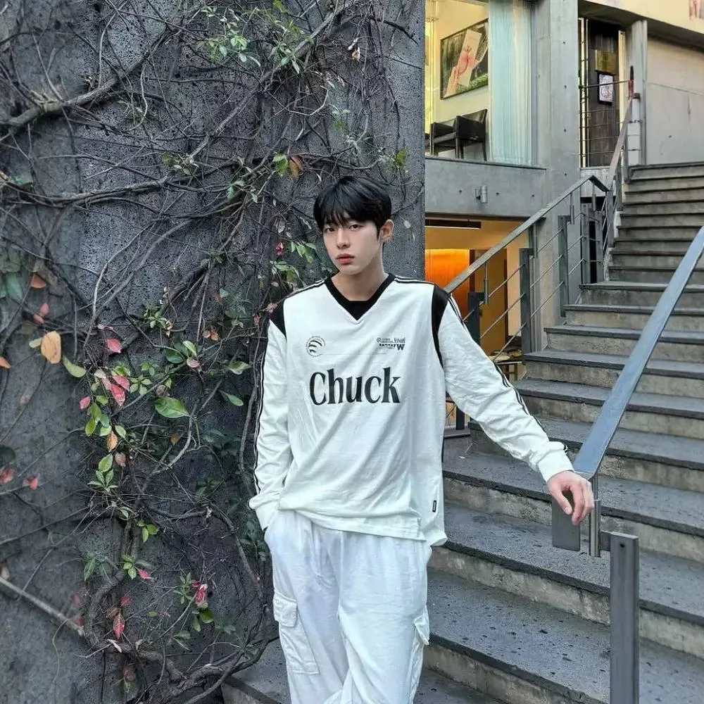 Fashionkova street fashion men streetwear Fashion Brand 24 Autumn Retro Harajuku Contrast Color American Letter V-neck Long Sleeve T-shirt Jersey Loose Thin Sweater