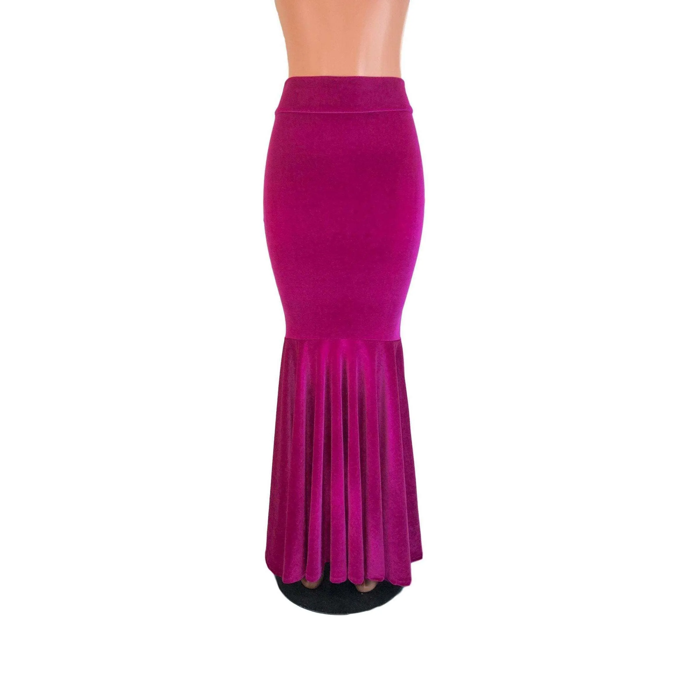 Fuchsia Pink Velvet Morticia Outfit - Mermaid Long Fit n Flare Skirt and Long Sleeve Crop Top