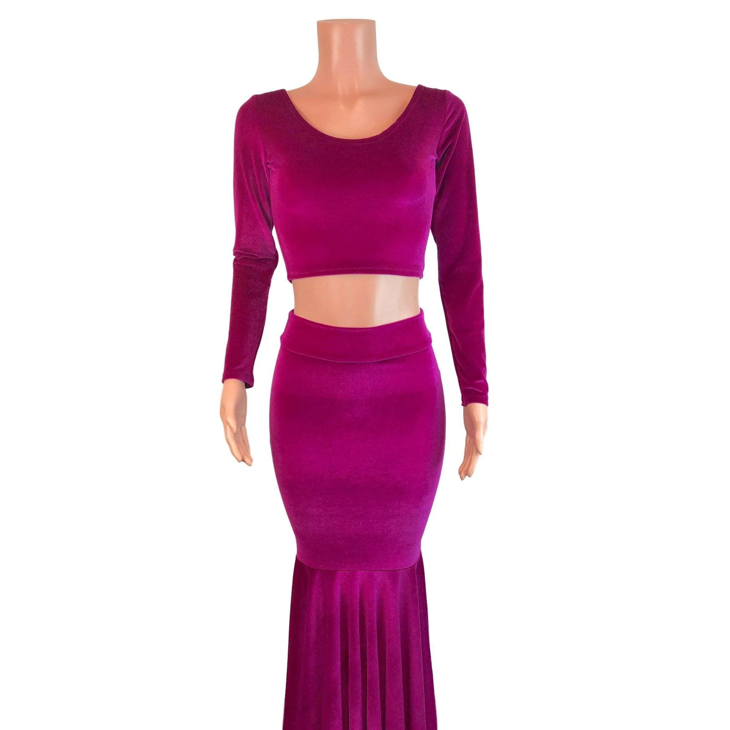 Fuchsia Pink Velvet Morticia Outfit - Mermaid Long Fit n Flare Skirt and Long Sleeve Crop Top