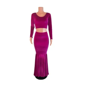 Fuchsia Pink Velvet Morticia Outfit - Mermaid Long Fit n Flare Skirt and Long Sleeve Crop Top