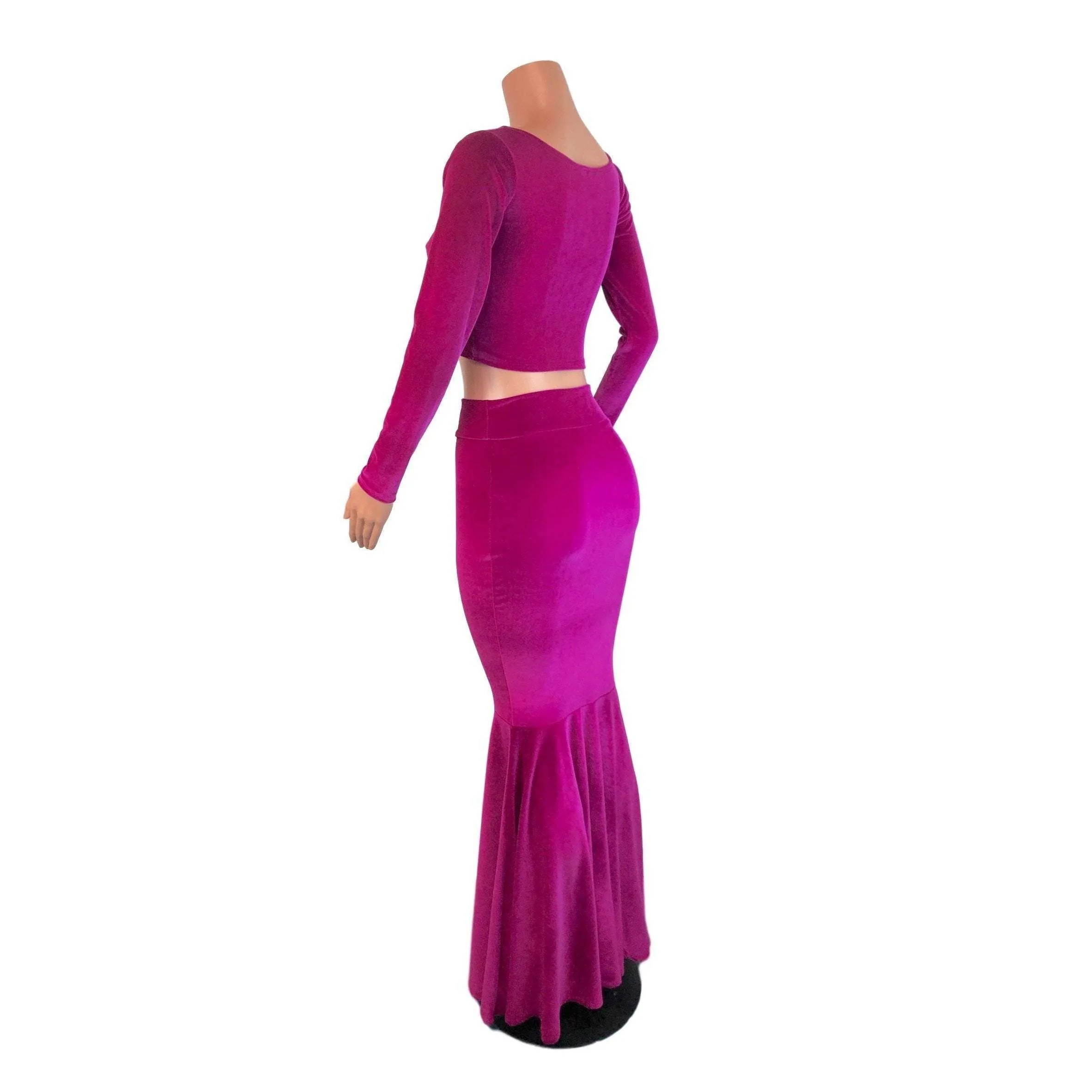 Fuchsia Pink Velvet Morticia Outfit - Mermaid Long Fit n Flare Skirt and Long Sleeve Crop Top