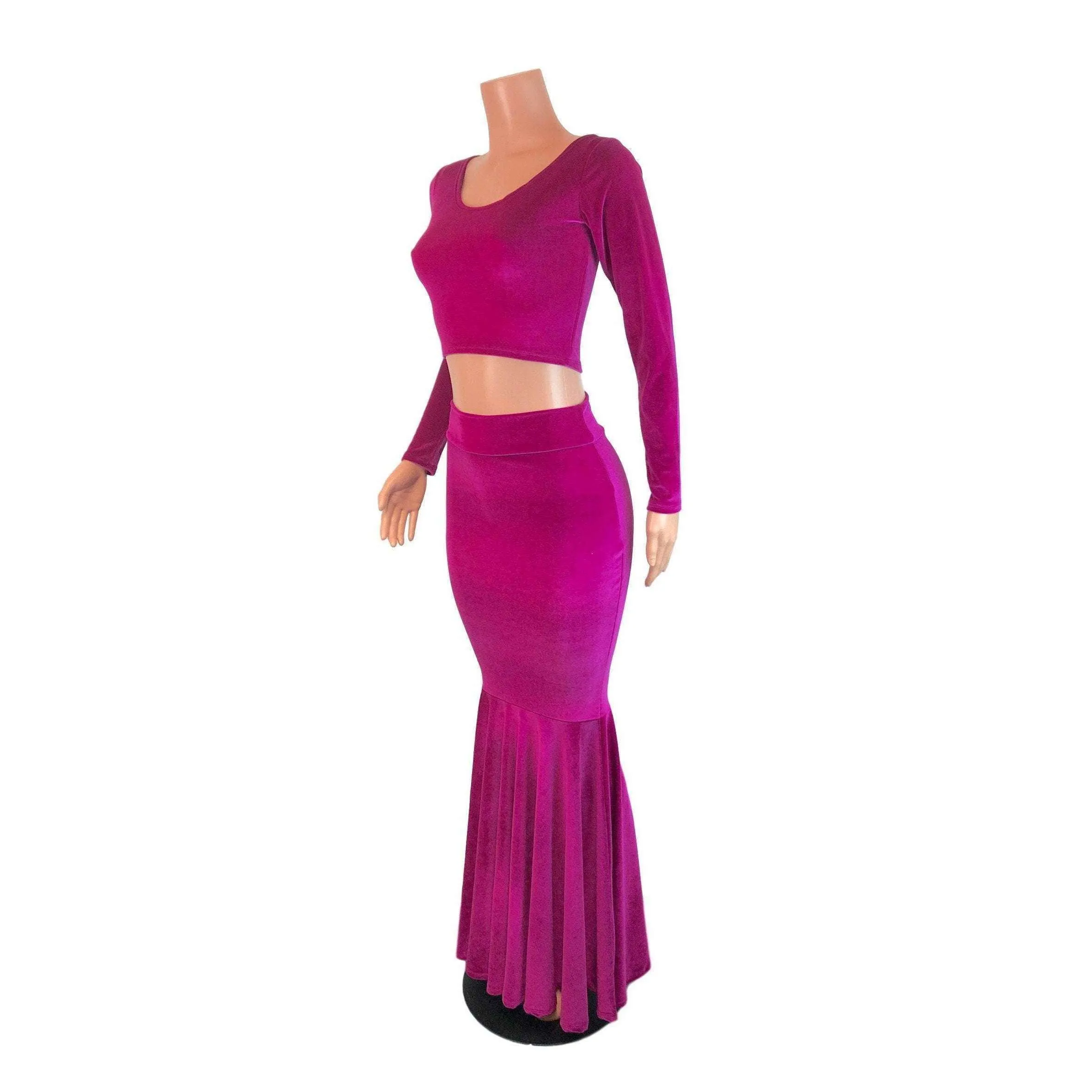 Fuchsia Pink Velvet Morticia Outfit - Mermaid Long Fit n Flare Skirt and Long Sleeve Crop Top