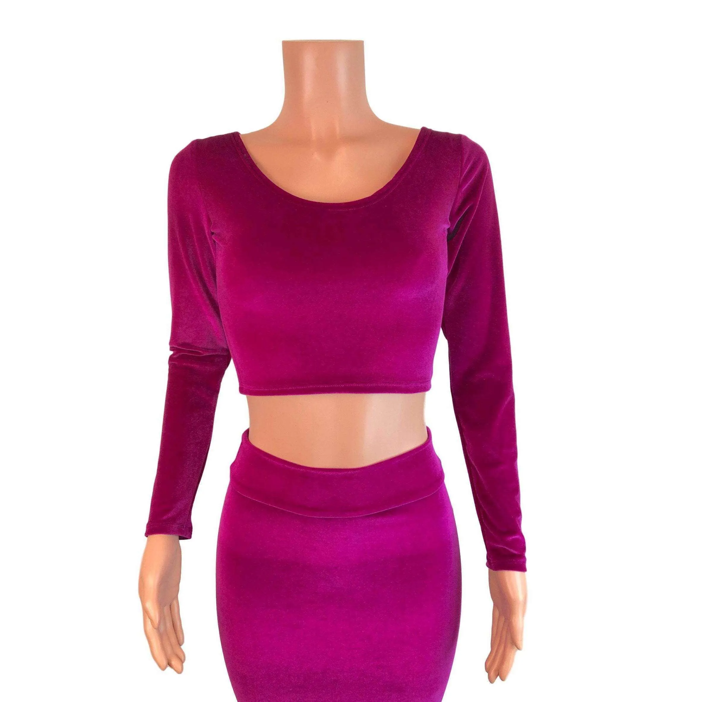 Fuchsia Pink Velvet Morticia Outfit - Mermaid Long Fit n Flare Skirt and Long Sleeve Crop Top