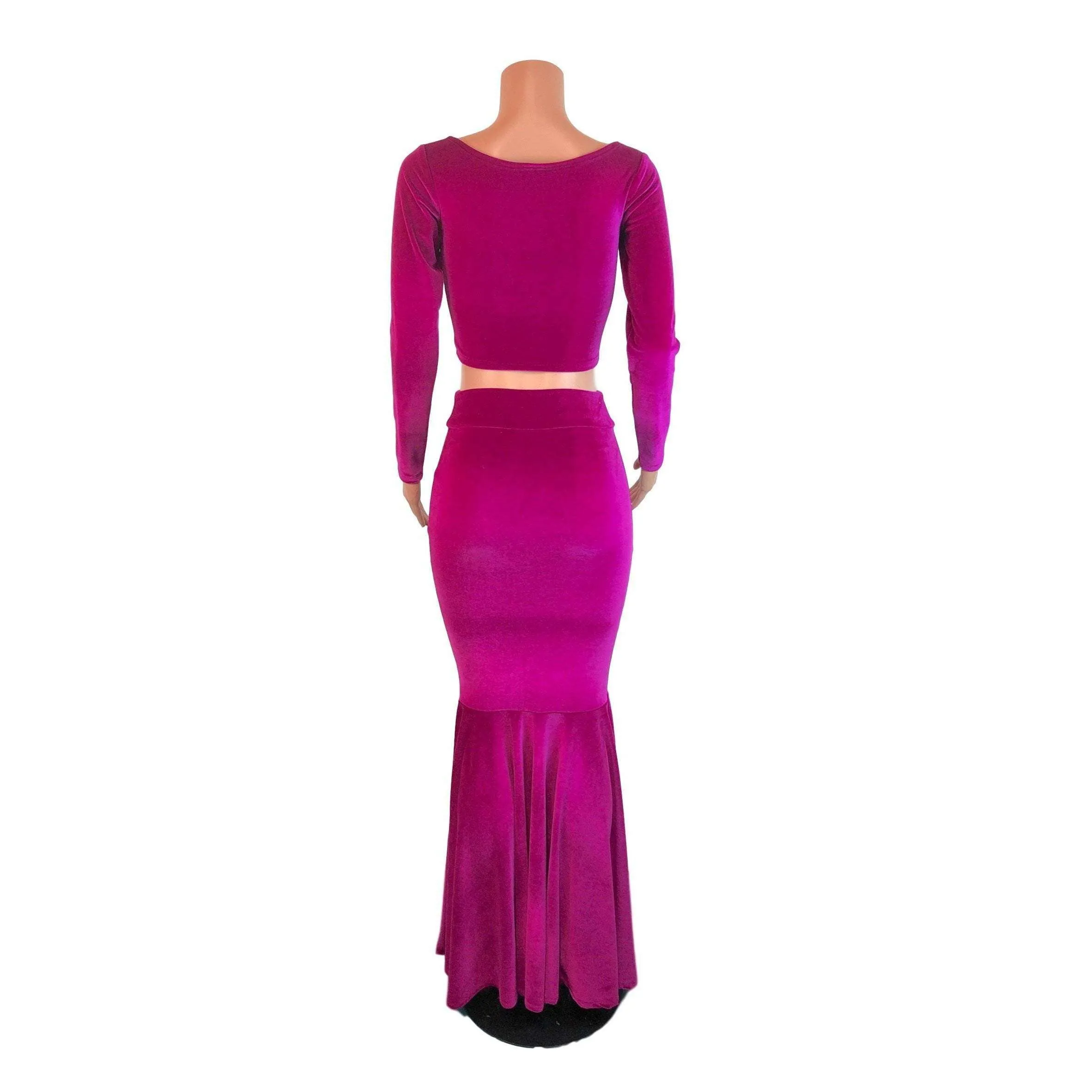 Fuchsia Pink Velvet Morticia Outfit - Mermaid Long Fit n Flare Skirt and Long Sleeve Crop Top