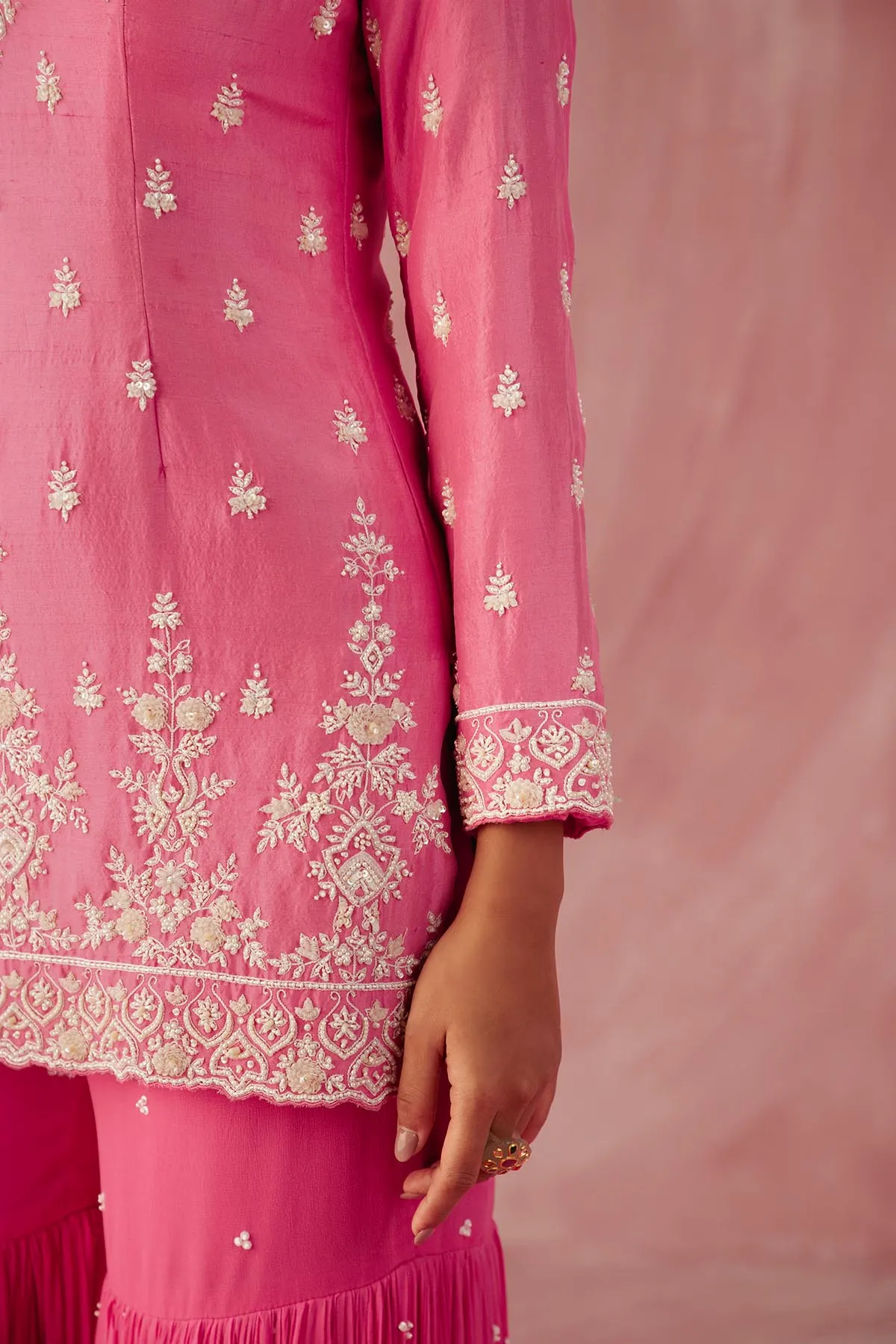 Fuschia Pink Pearl Long Sleeve Gharara Set