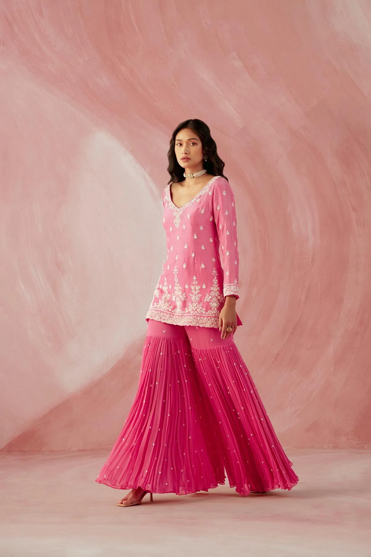 Fuschia Pink Pearl Long Sleeve Gharara Set