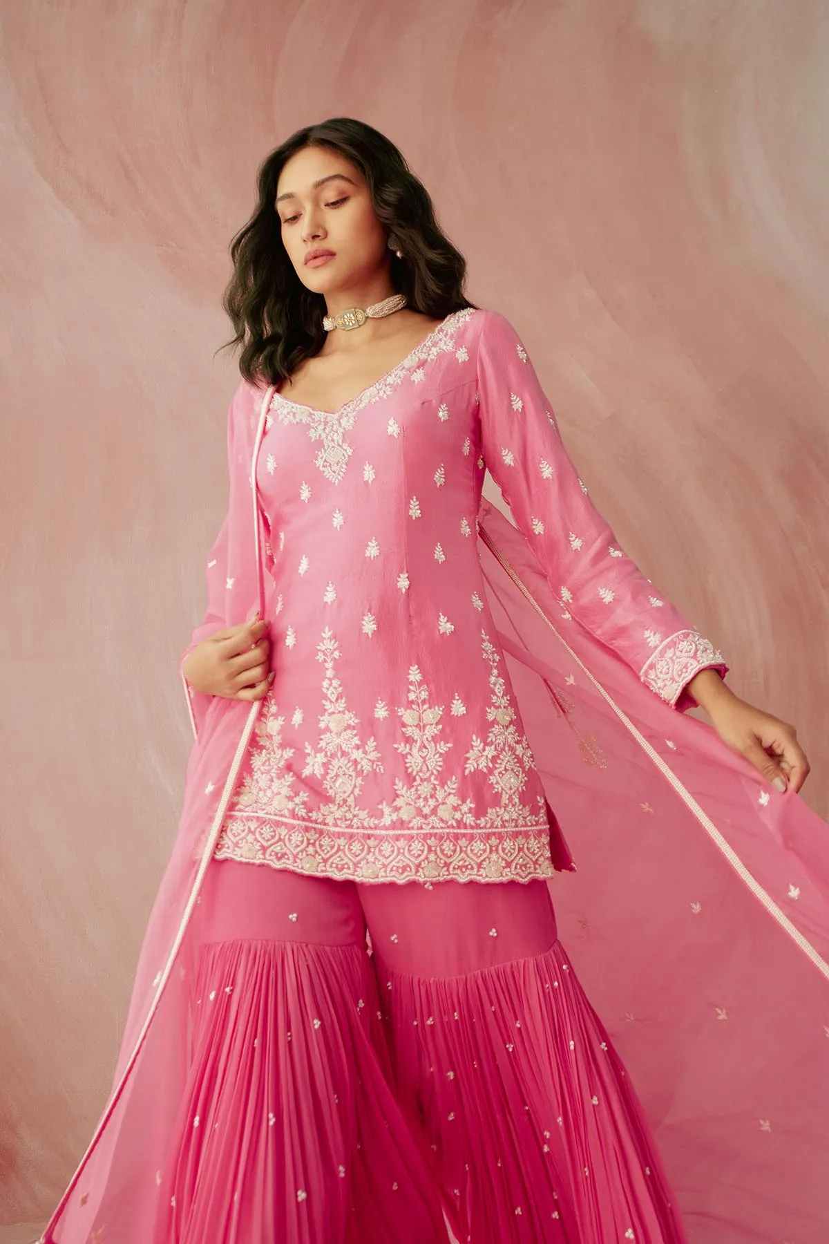 Fuschia Pink Pearl Long Sleeve Gharara Set