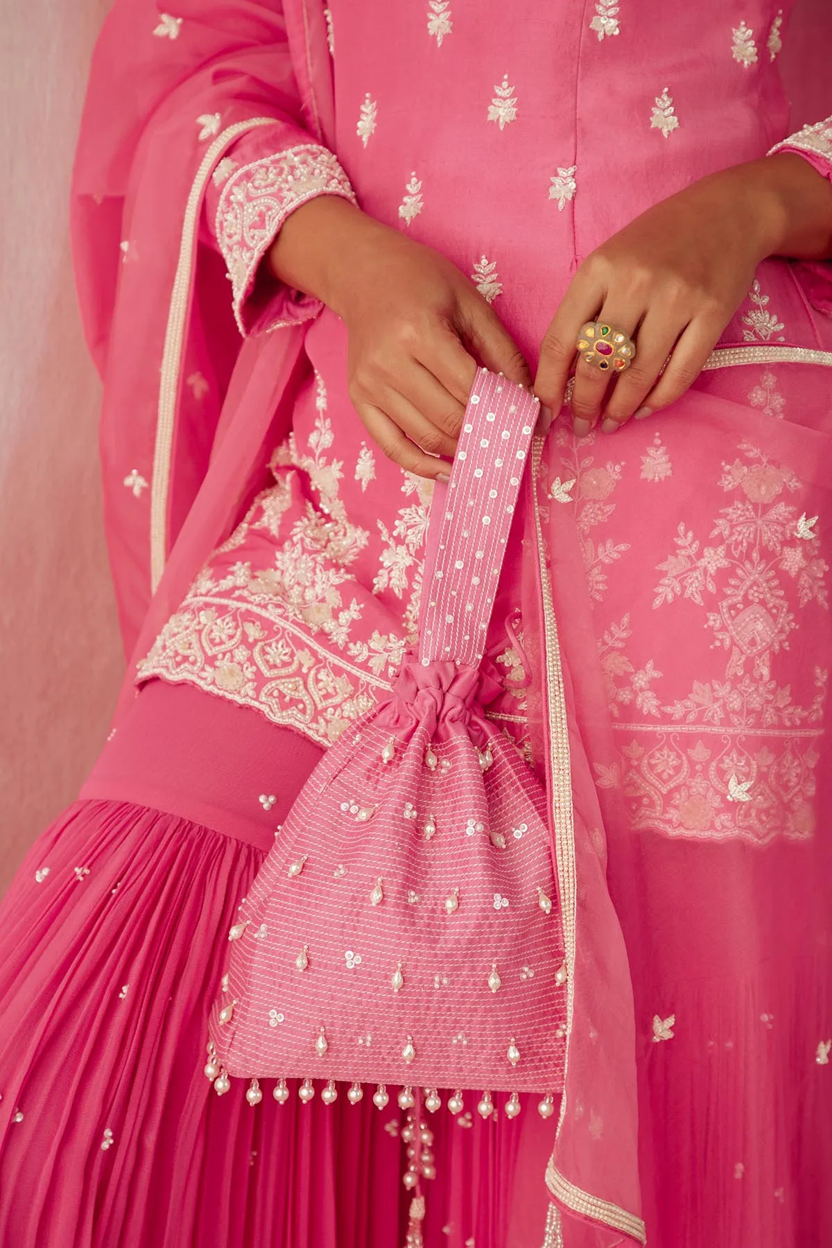 Fuschia Pink Pearl Long Sleeve Gharara Set