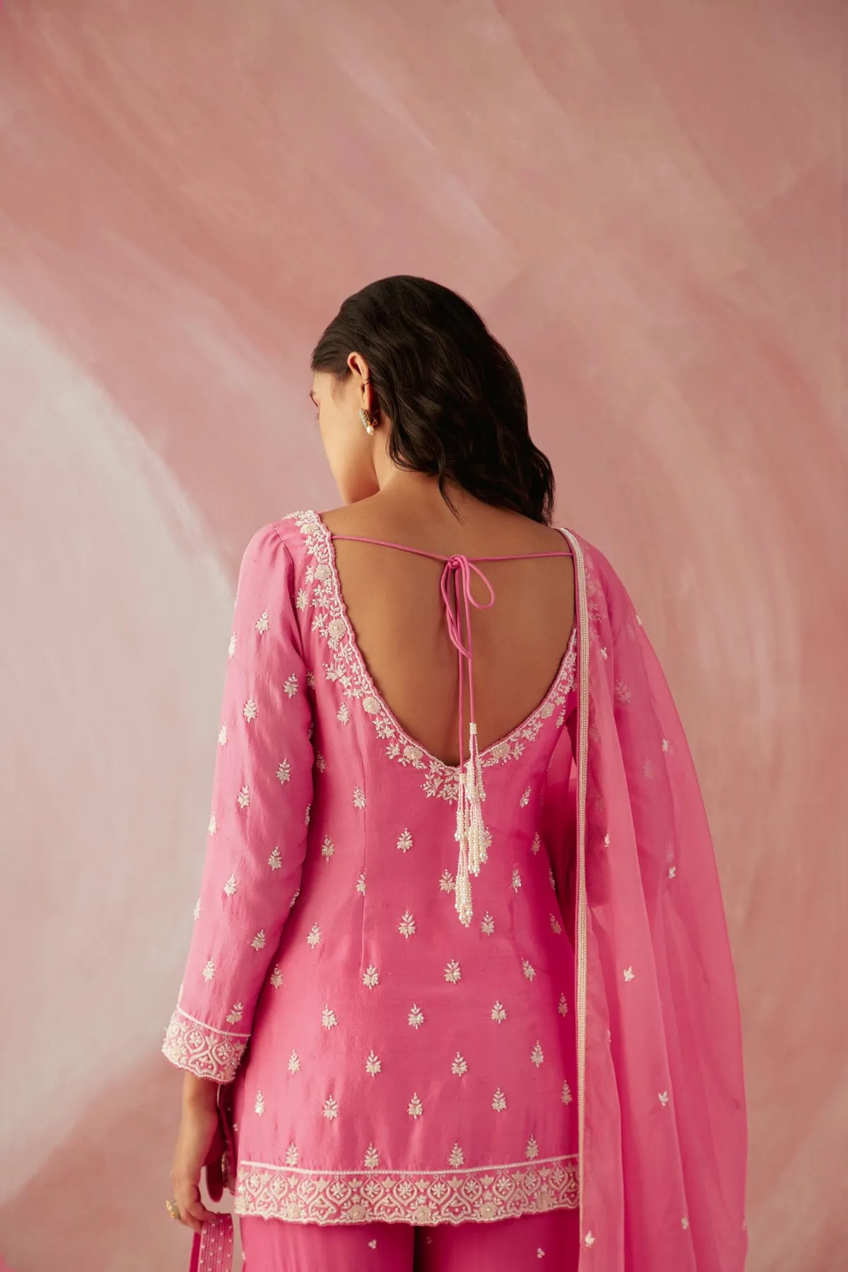 Fuschia Pink Pearl Long Sleeve Gharara Set