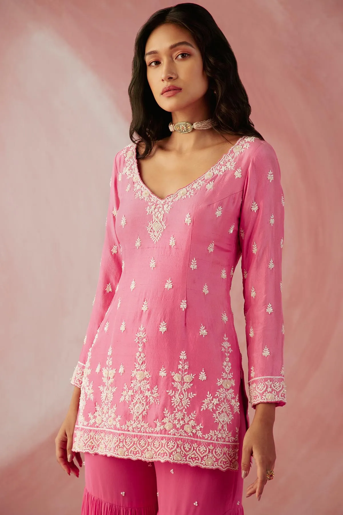 Fuschia Pink Pearl Long Sleeve Gharara Set