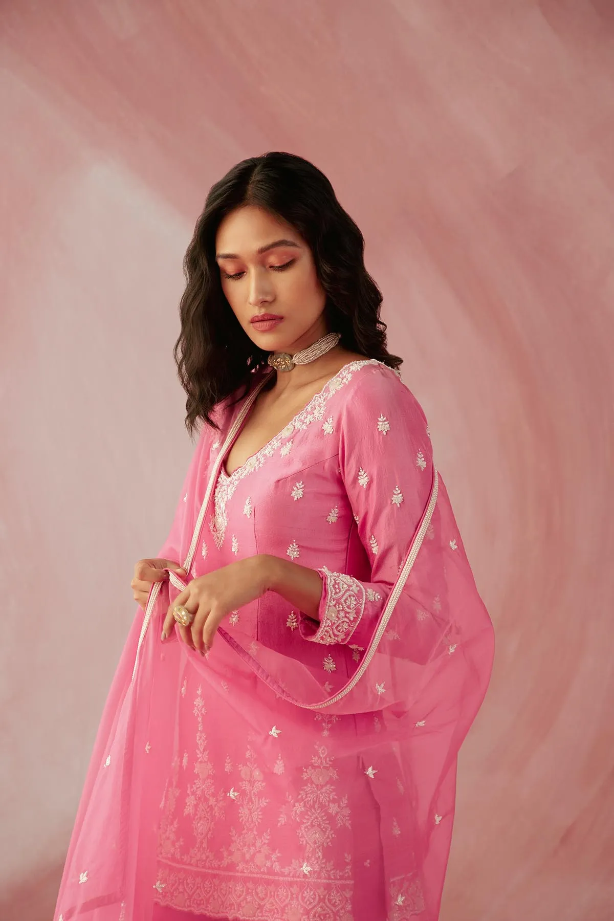 Fuschia Pink Pearl Long Sleeve Gharara Set