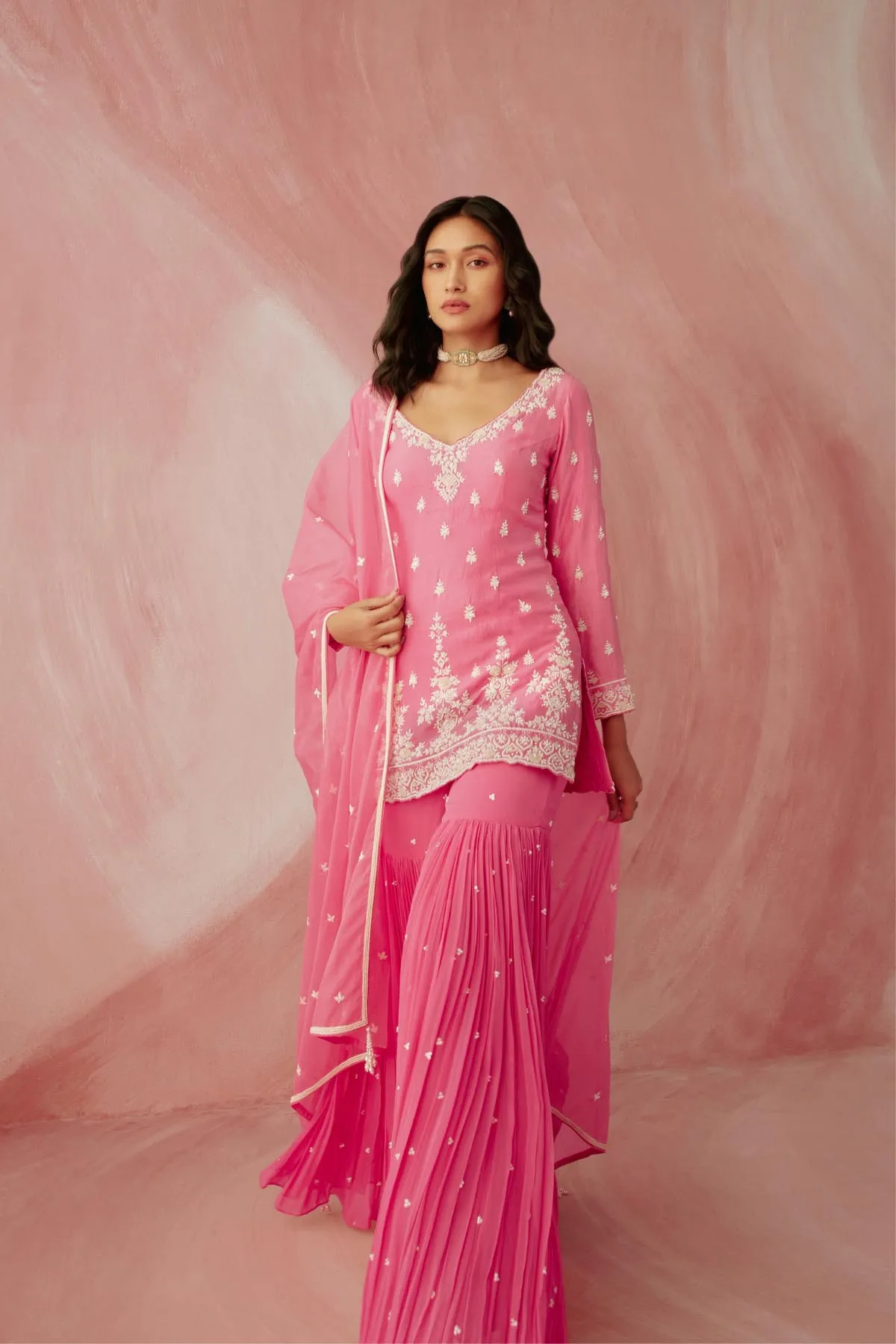 Fuschia Pink Pearl Long Sleeve Gharara Set