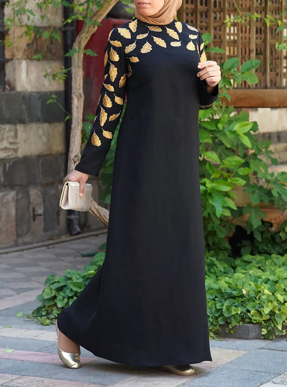 Gold Leaf Embroidered Maxi Dress