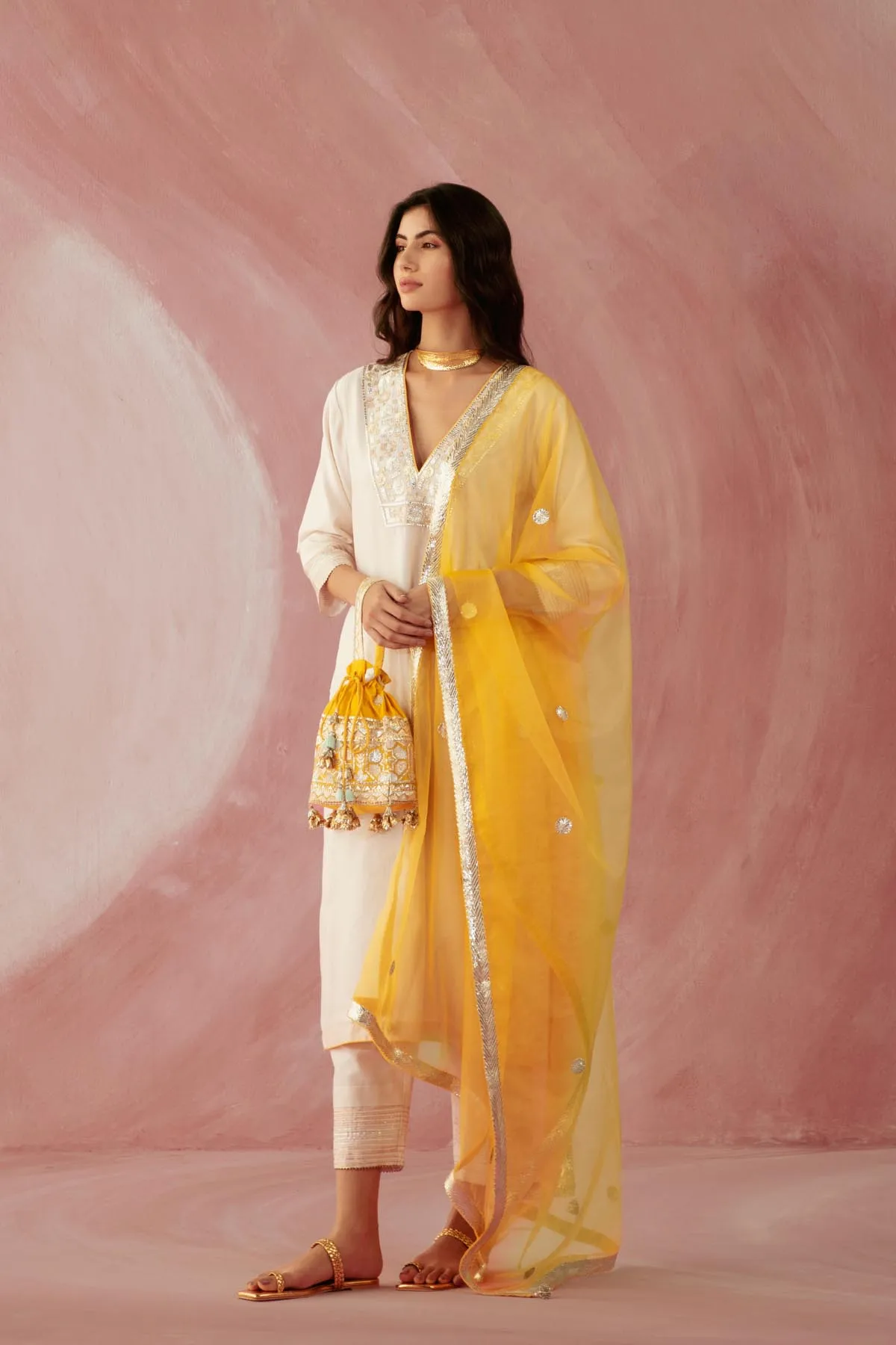 Ivory & Yellow Contrast Kurta Set