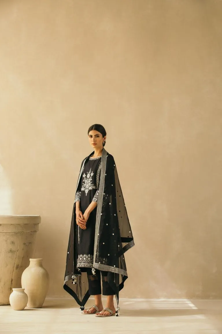 Midnight Black Gota Jaal Kurta Set