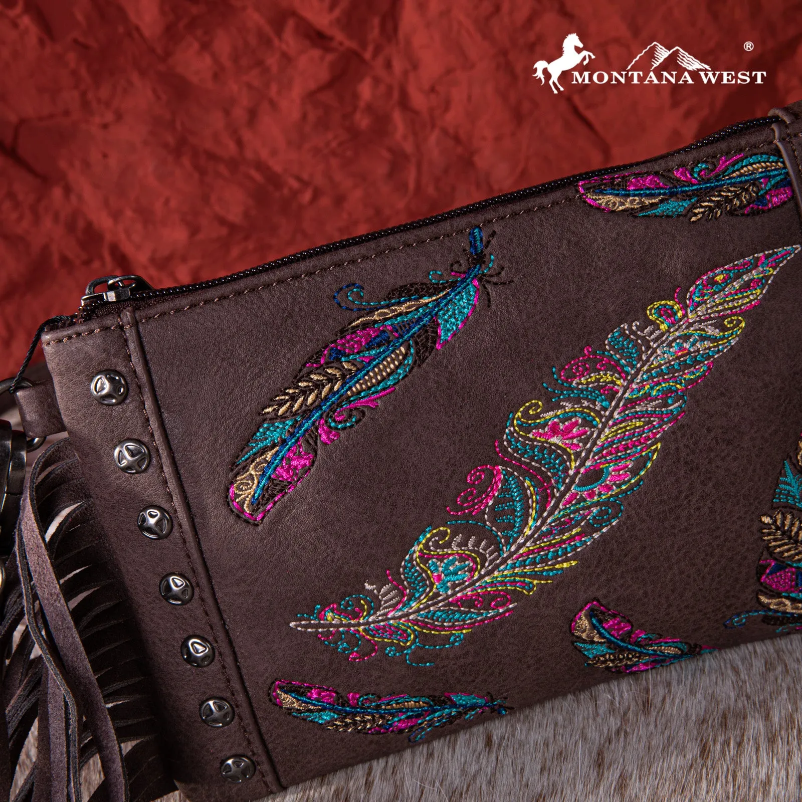 MW1242-181 Montana West Embroidered Feather Collection Clutch/Crossbody