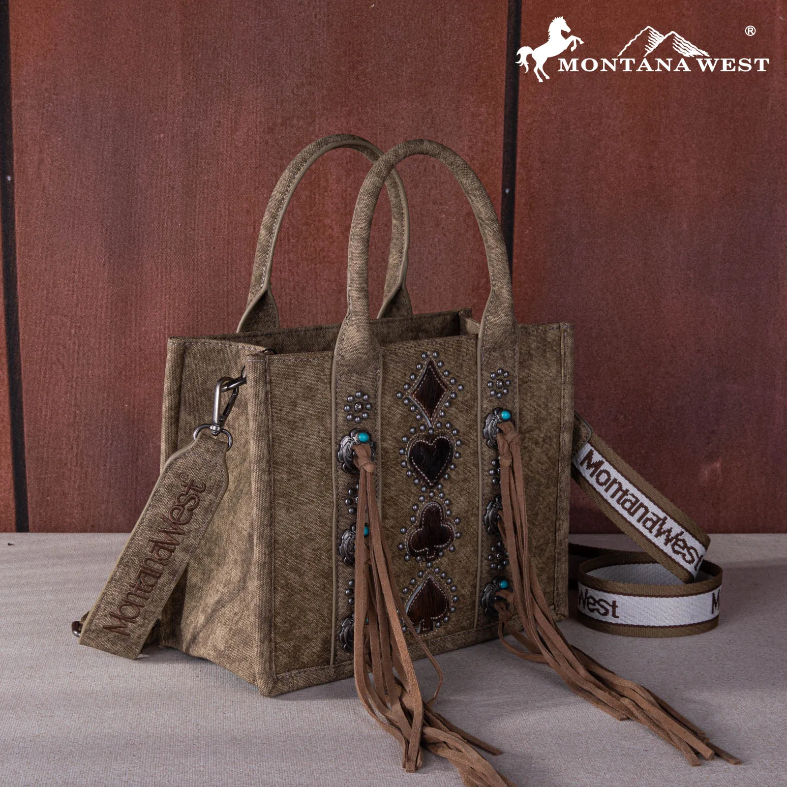 MW1255-8120S   Montana West Concho Tassel Tote/Crossbody - Khaki