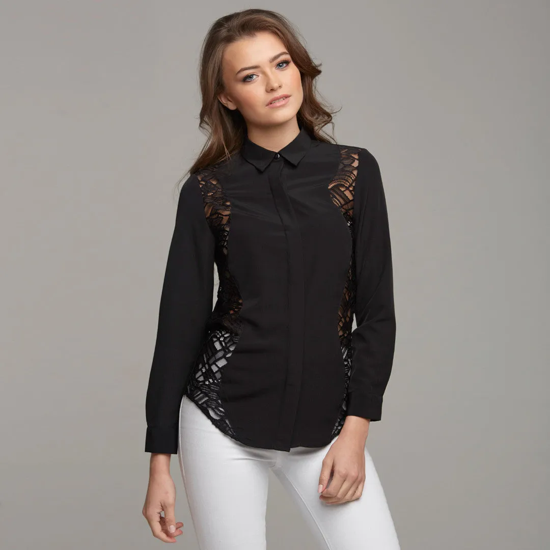 NELLIE CONTRAST WAVY LACE INSERT BLACK - CT027