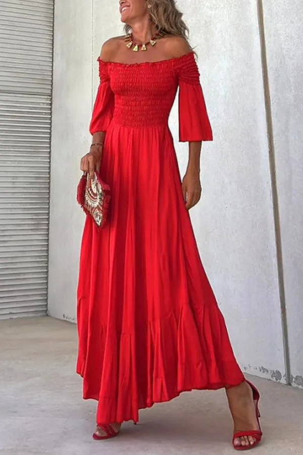 Off-the-shoulder five-quarter-sleeve bell-sleeve pleated maxi dress