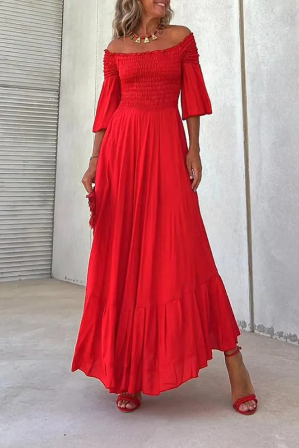 Off-the-shoulder five-quarter-sleeve bell-sleeve pleated maxi dress