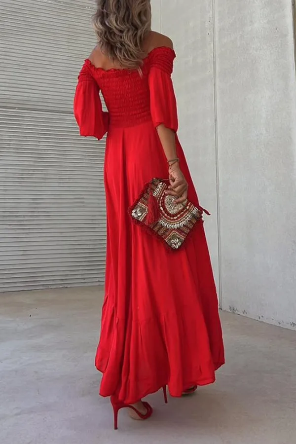 Off-the-shoulder five-quarter-sleeve bell-sleeve pleated maxi dress